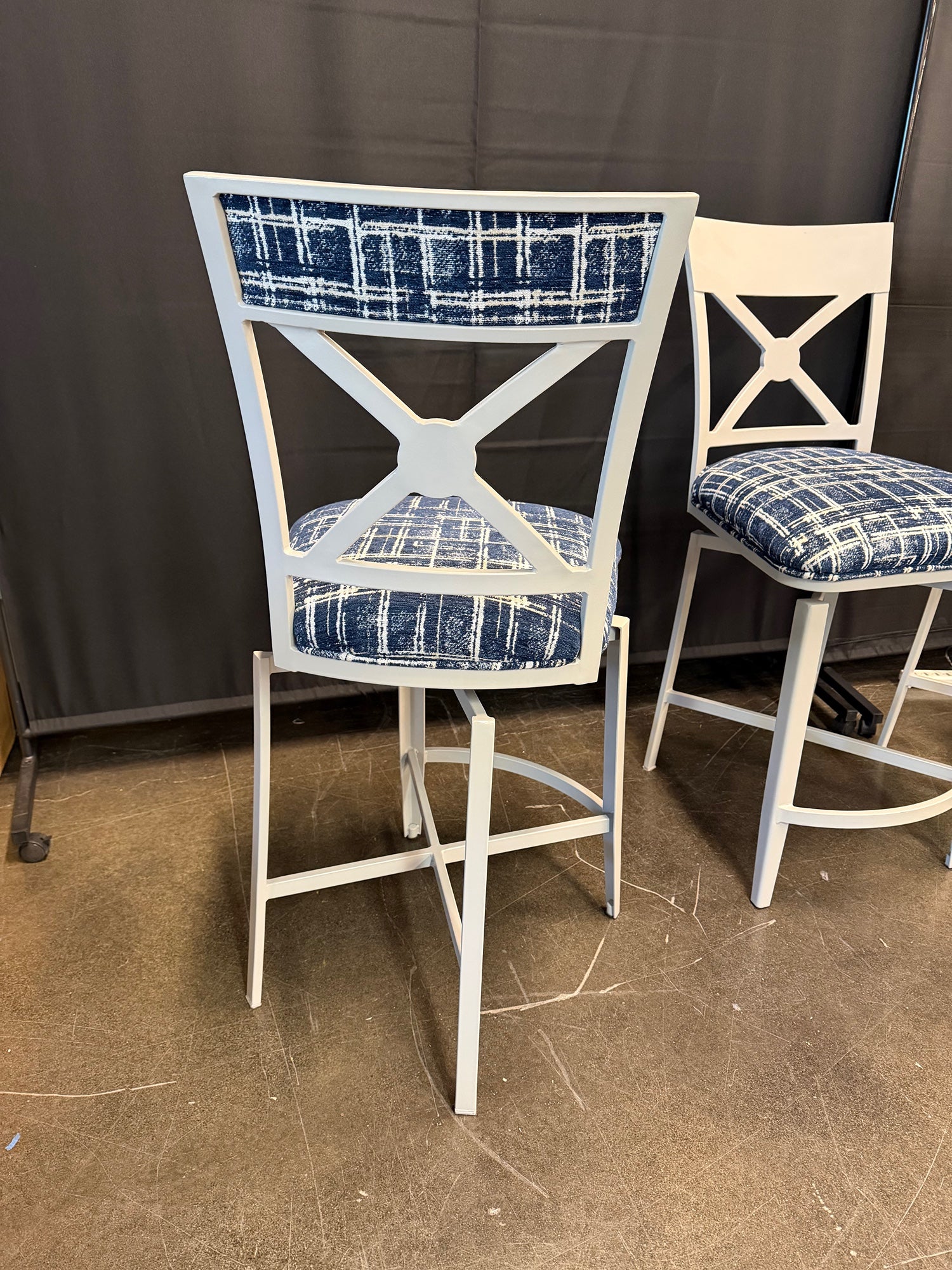 Set of Three White X-Back Swivel Bar Stools with Blue Plaid Upholstery | Farmhouse Style