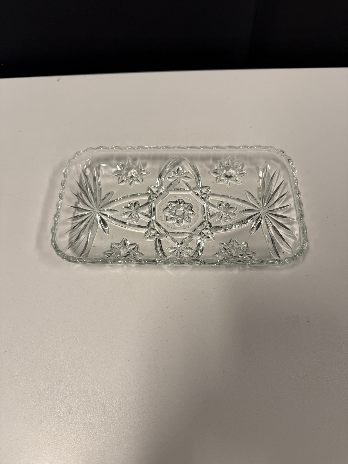 Clear Pressed Glass Rectangular Dish with Starburst Pattern