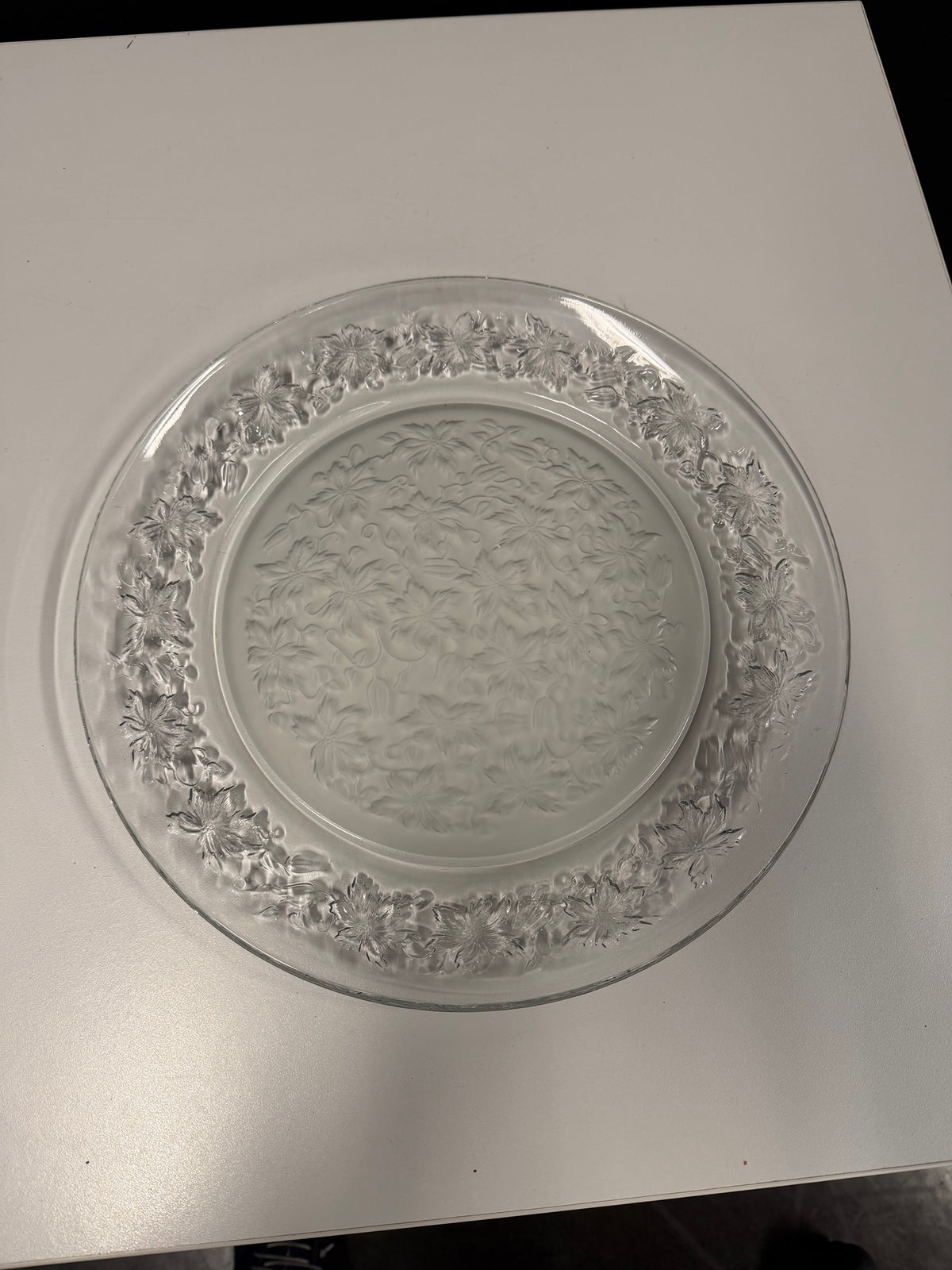 Clear Glass Dinner Plate with Frosted Floral Design