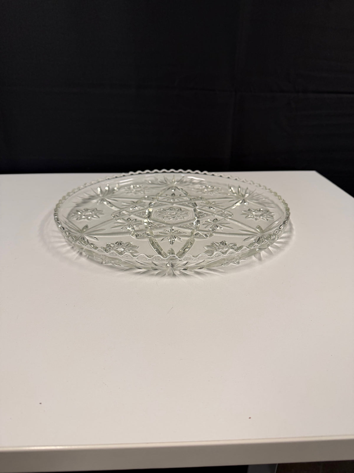 Clear Glass Round Cake Plate with Starburst Pattern