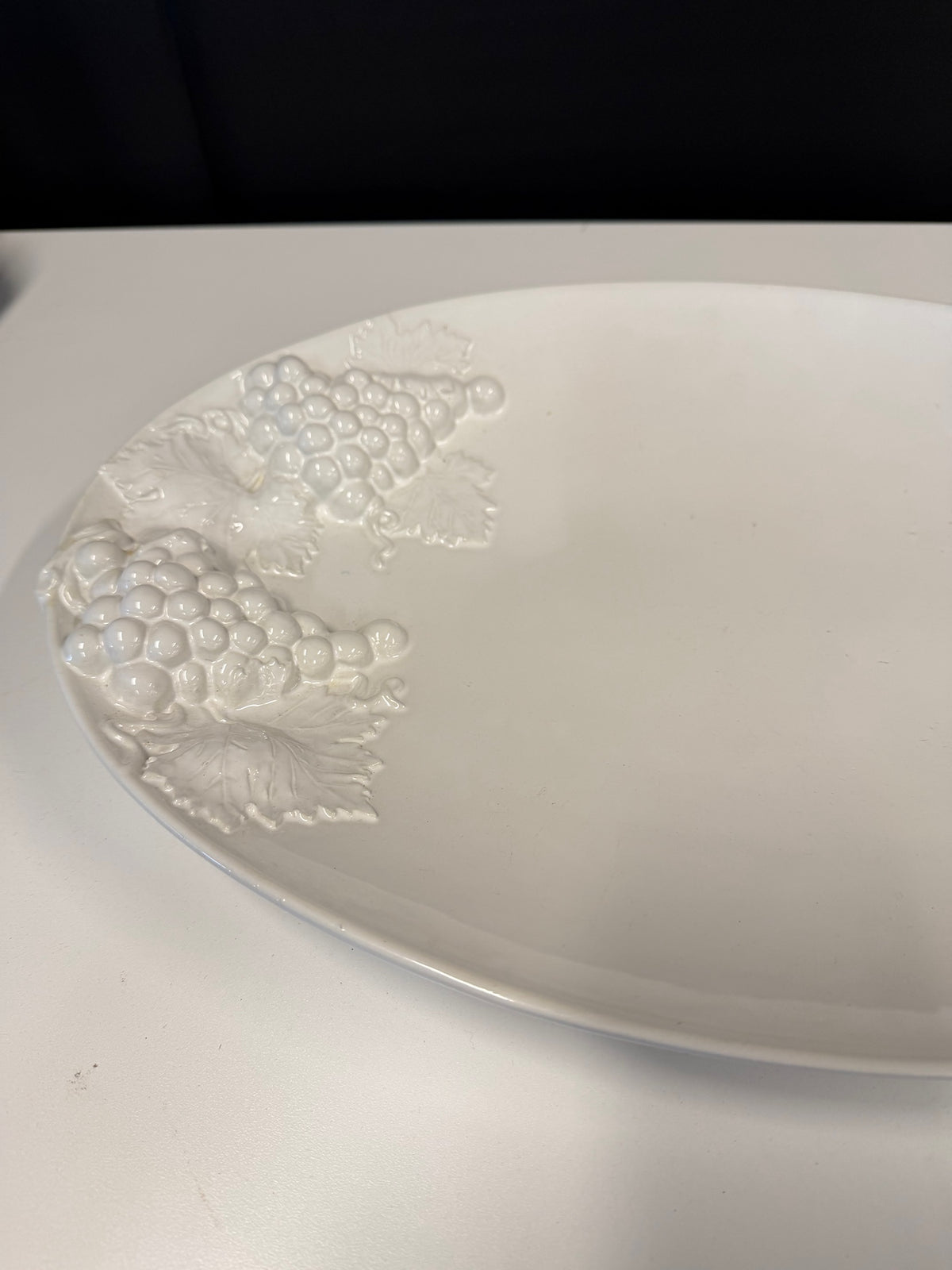 White Italian Porcelain Oval Serving Platter with Embossed Grapes