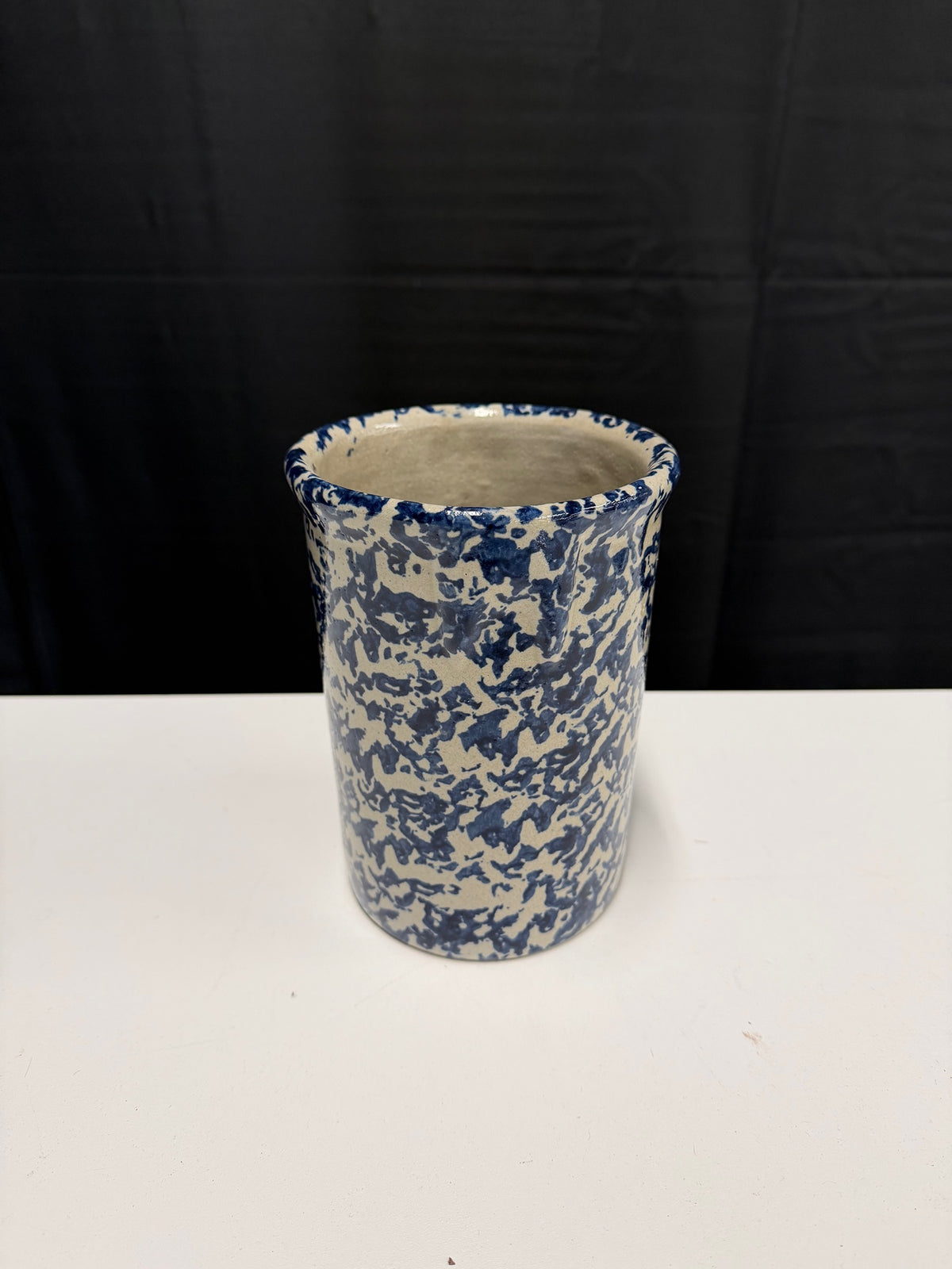 Blue and White Spatterware Ceramic Crock