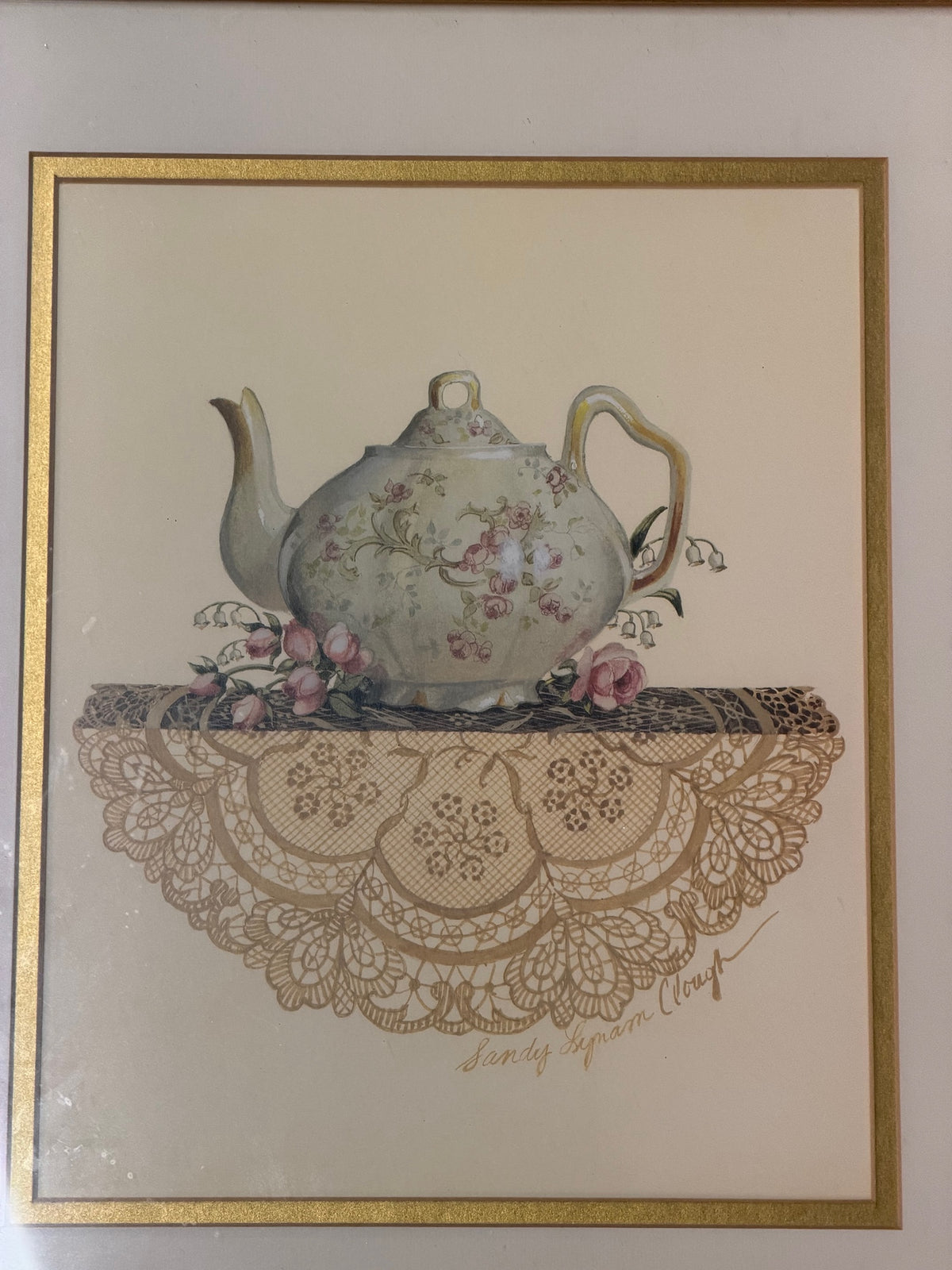 Sandy Lynam Clough Floral Teapot Art Print in Gold Frame