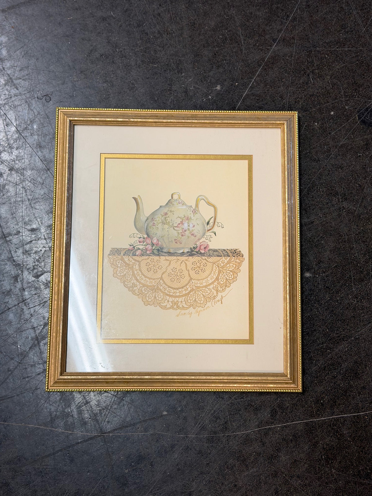 Sandy Lynam Clough Floral Teapot Art Print in Gold Frame