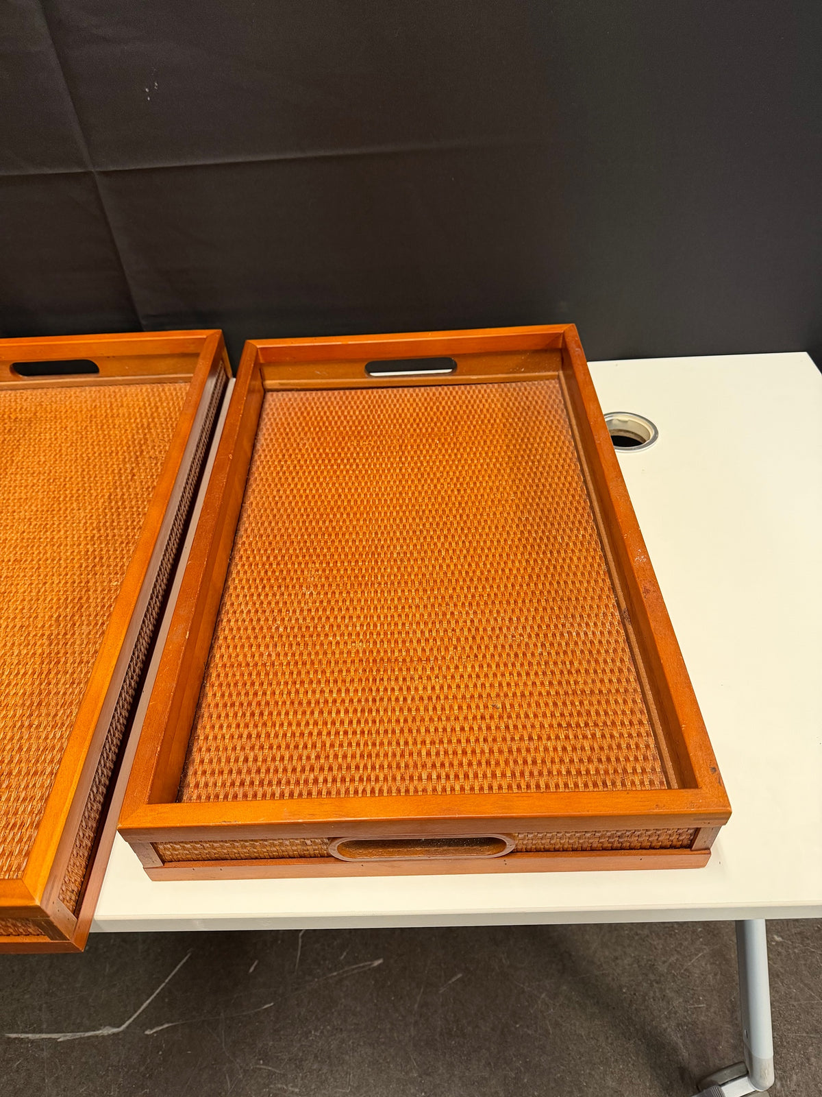 Pair of Rectangular Wood Serving Trays with Rattan Inlay