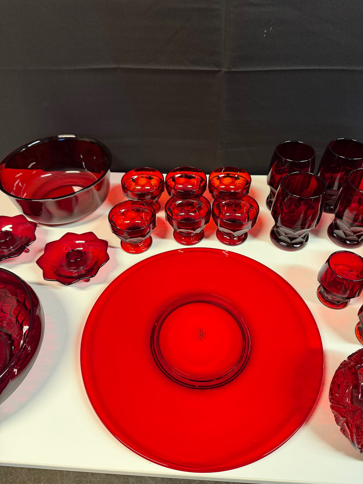 Vintage Ruby Red Glassware Set, 25 Pieces: Viking Georgian Honeycomb, Fenton Lotus & Arcoroc