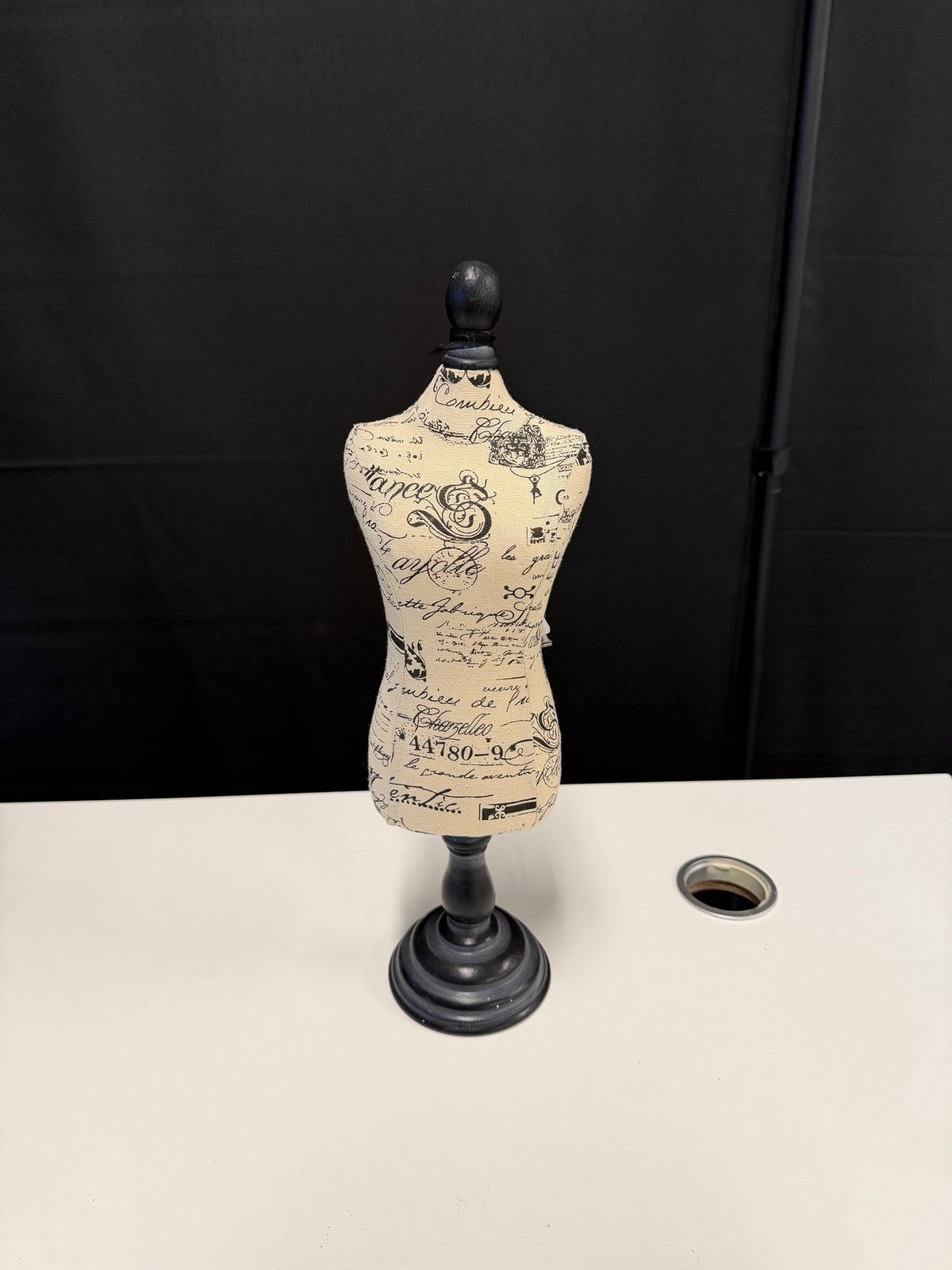 Parisian Home Vintage Style Fabric Mannequin / Jewelry Stand with French Script