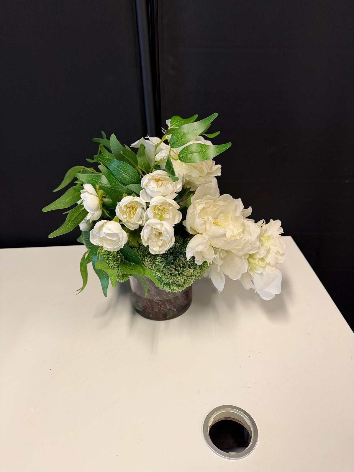 Lush White Artificial Flower Arrangement in Glass Vase