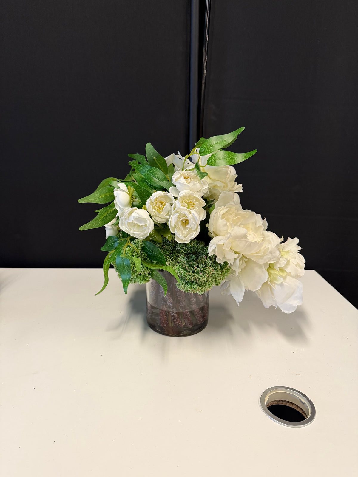 Lush White Artificial Flower Arrangement in Glass Vase
