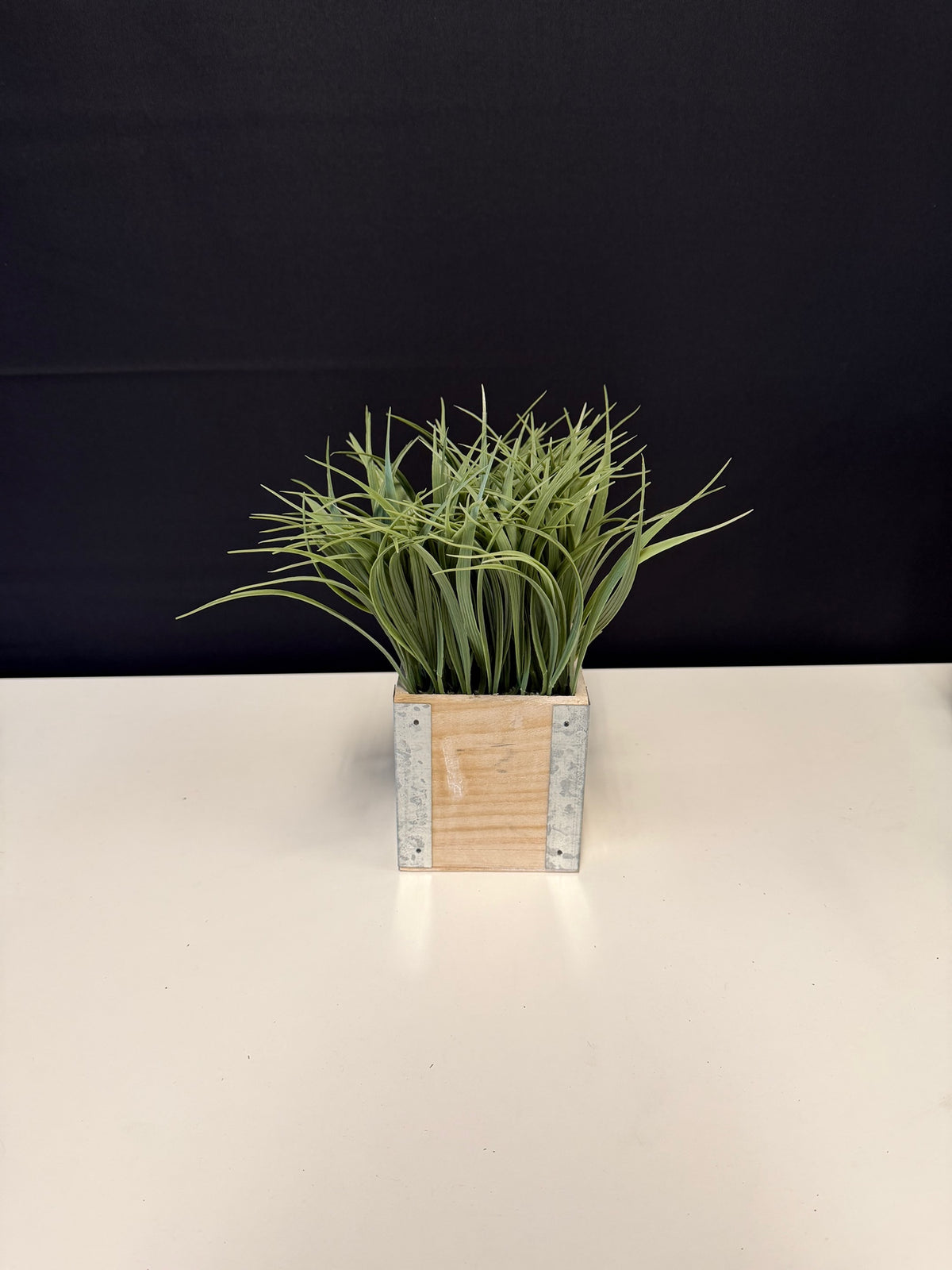 Faux Green Grass Plant in Wood and Metal Planter