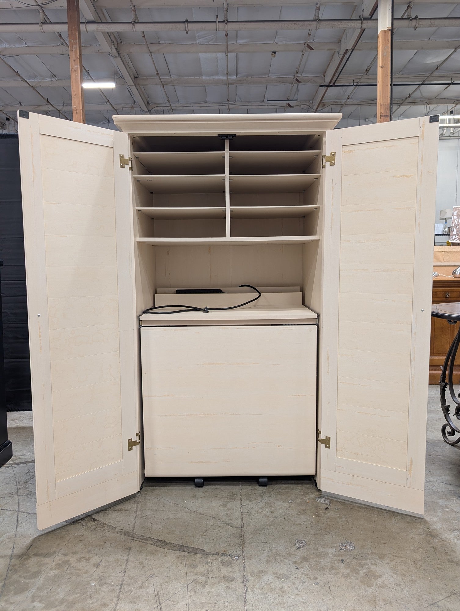 Cream Louvered Door Armoire with Integrated Pull-Out Desk