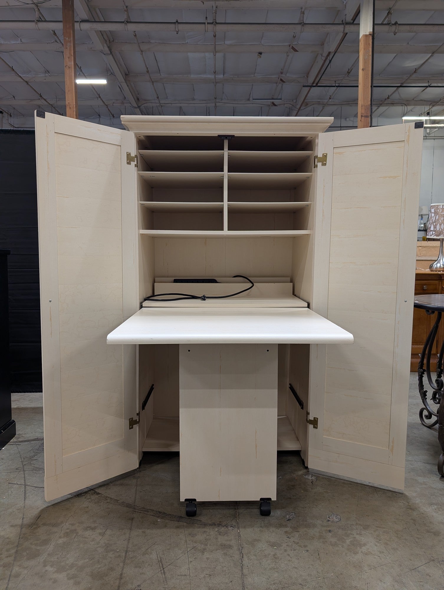 Cream Louvered Door Armoire with Integrated Pull-Out Desk