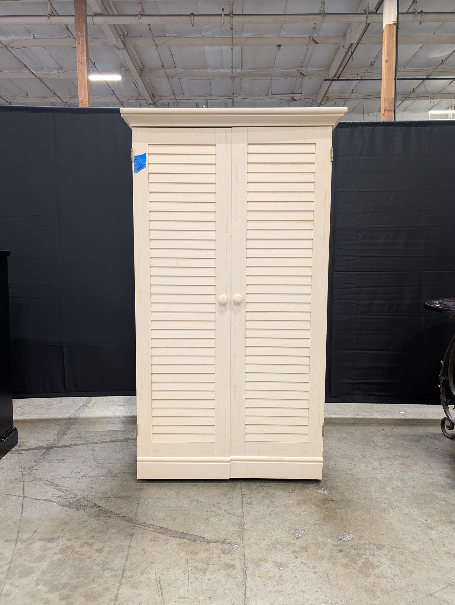 Cream Louvered Door Armoire with Integrated Pull-Out Desk