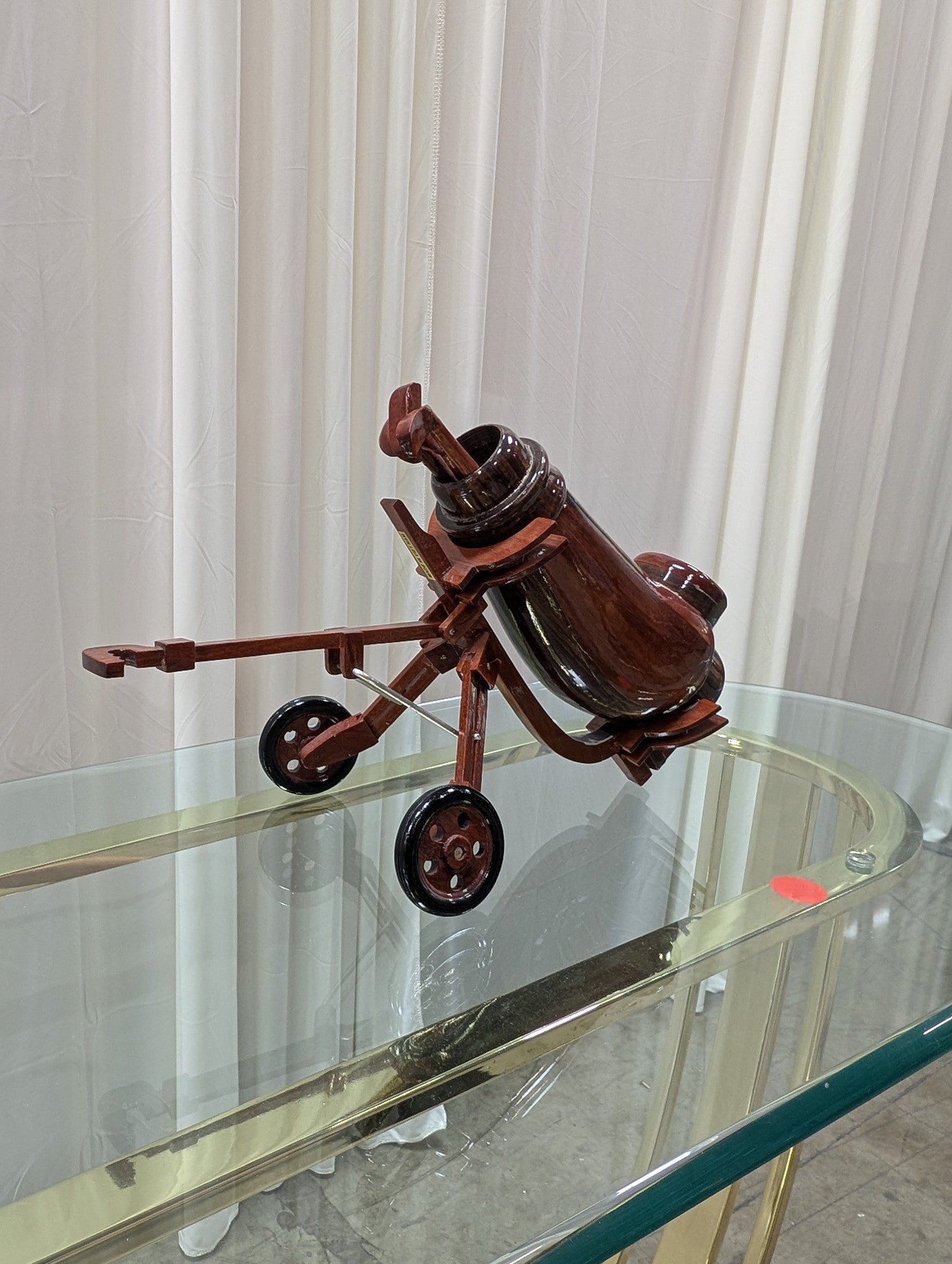 Vintage Wooden Golf Cart Figurine in Mahogany Finish