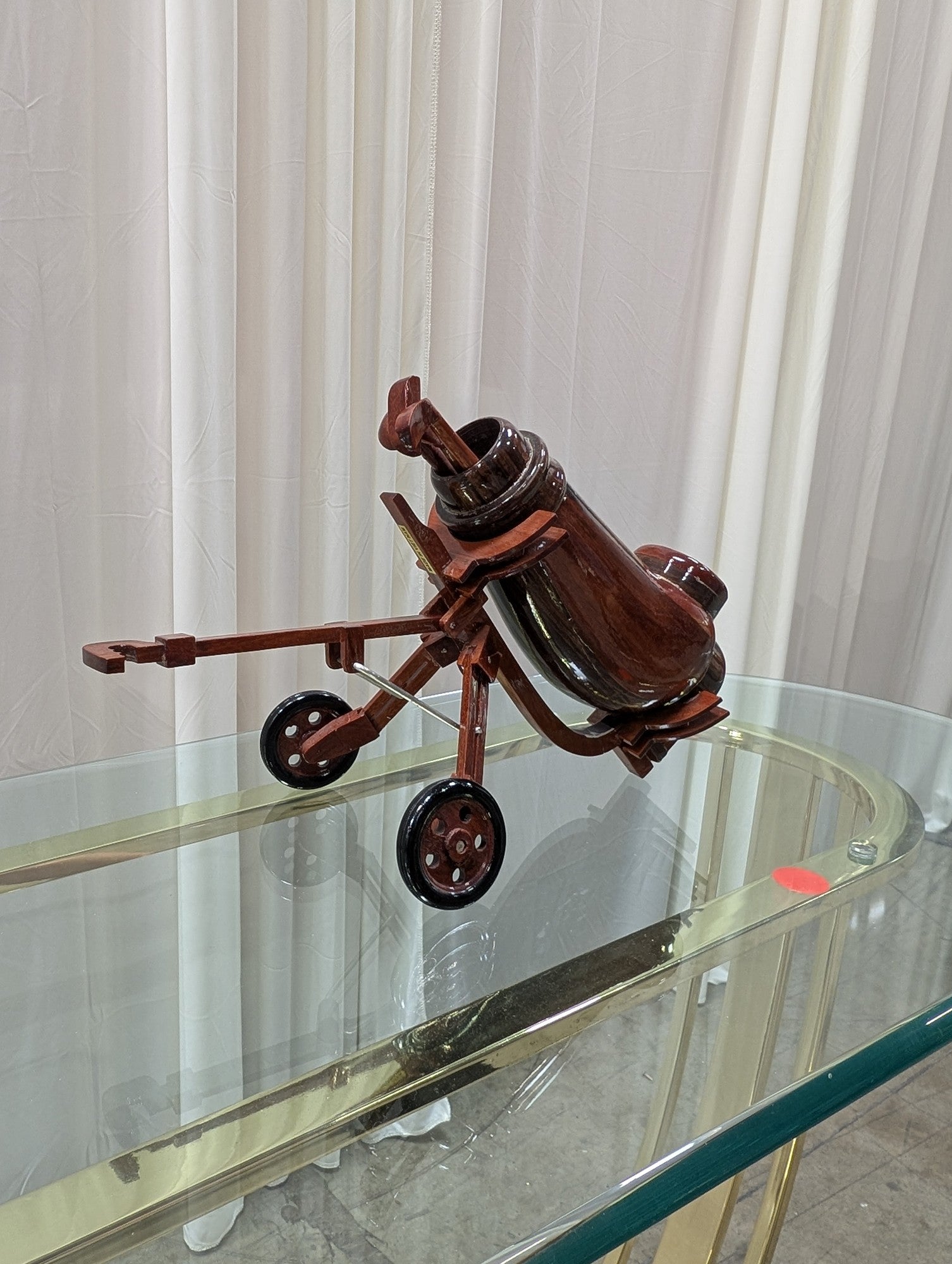Vintage Wooden Golf Cart Figurine in Mahogany Finish