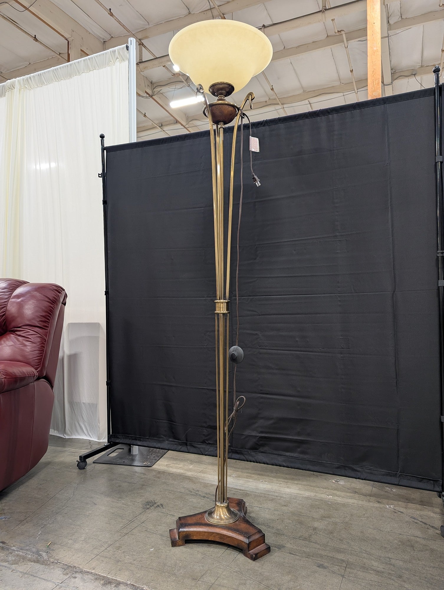 Brass Torchiere Floor Lamp with Wood Base