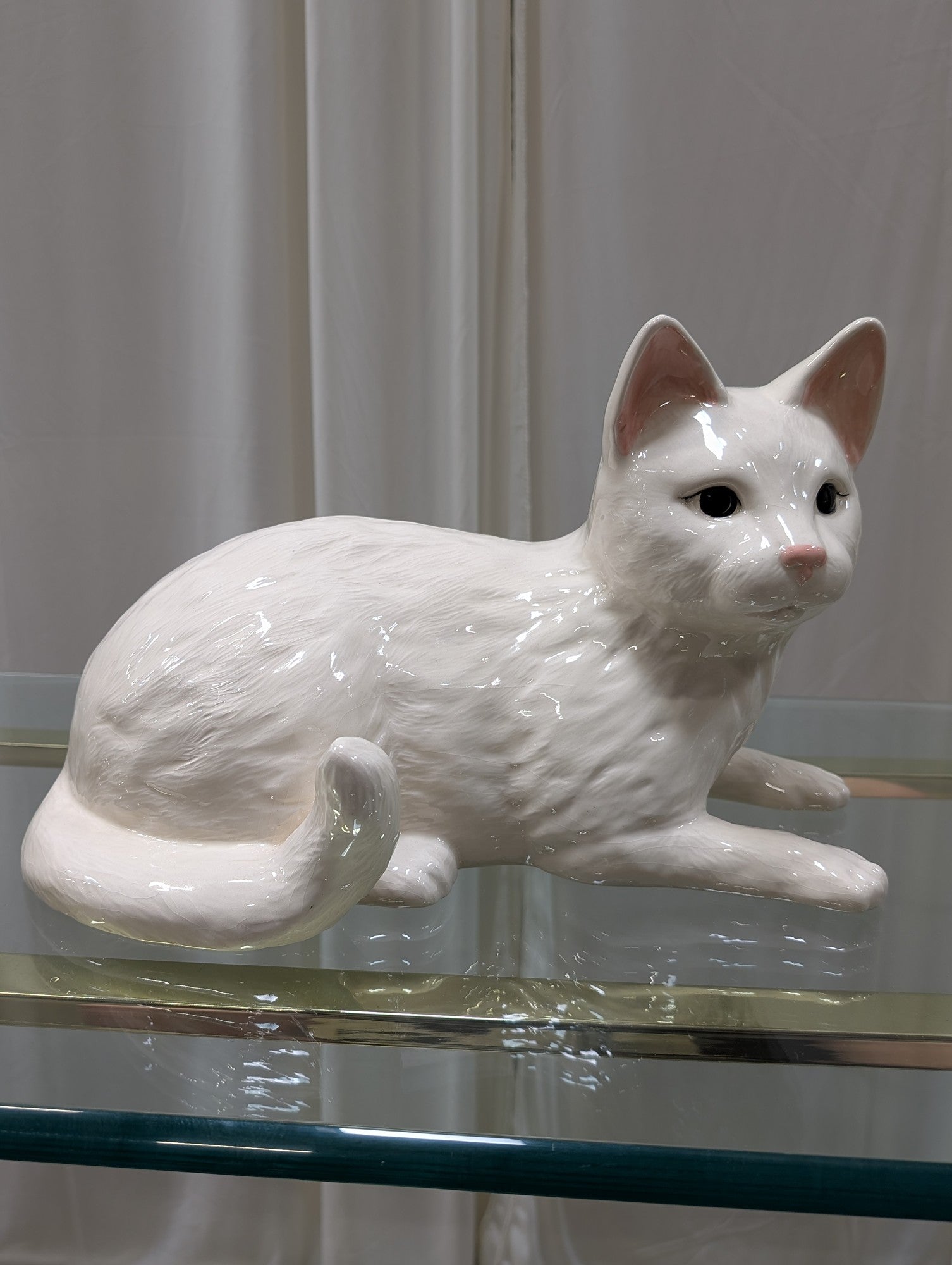 Reclining Cat Figurine in White Ceramic
