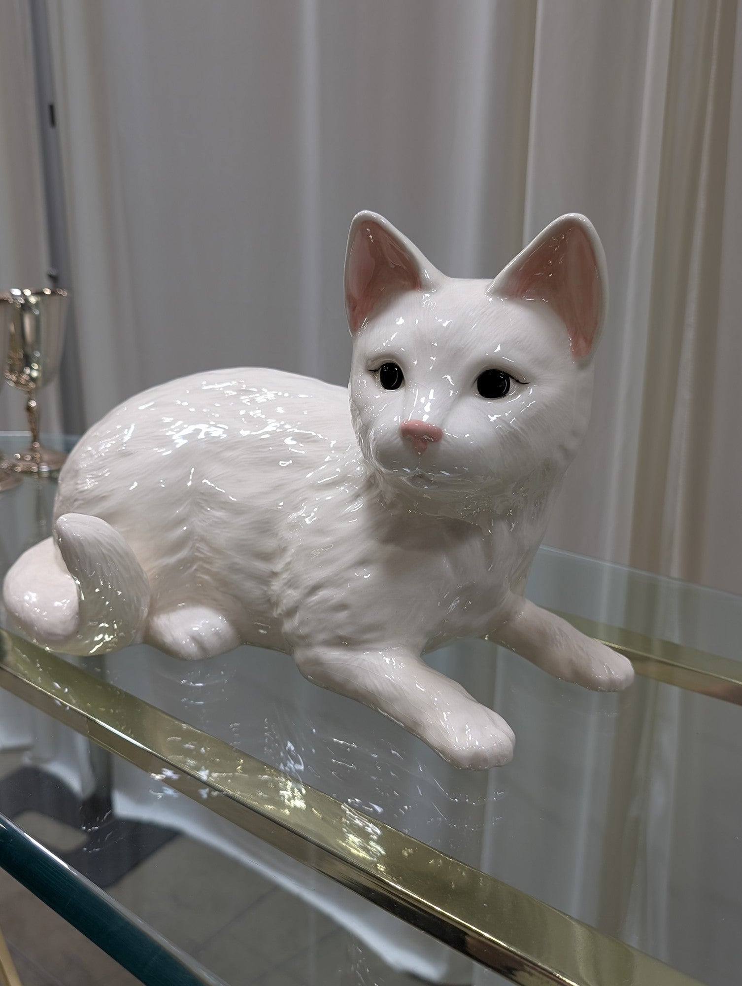 Reclining Cat Figurine in White Ceramic