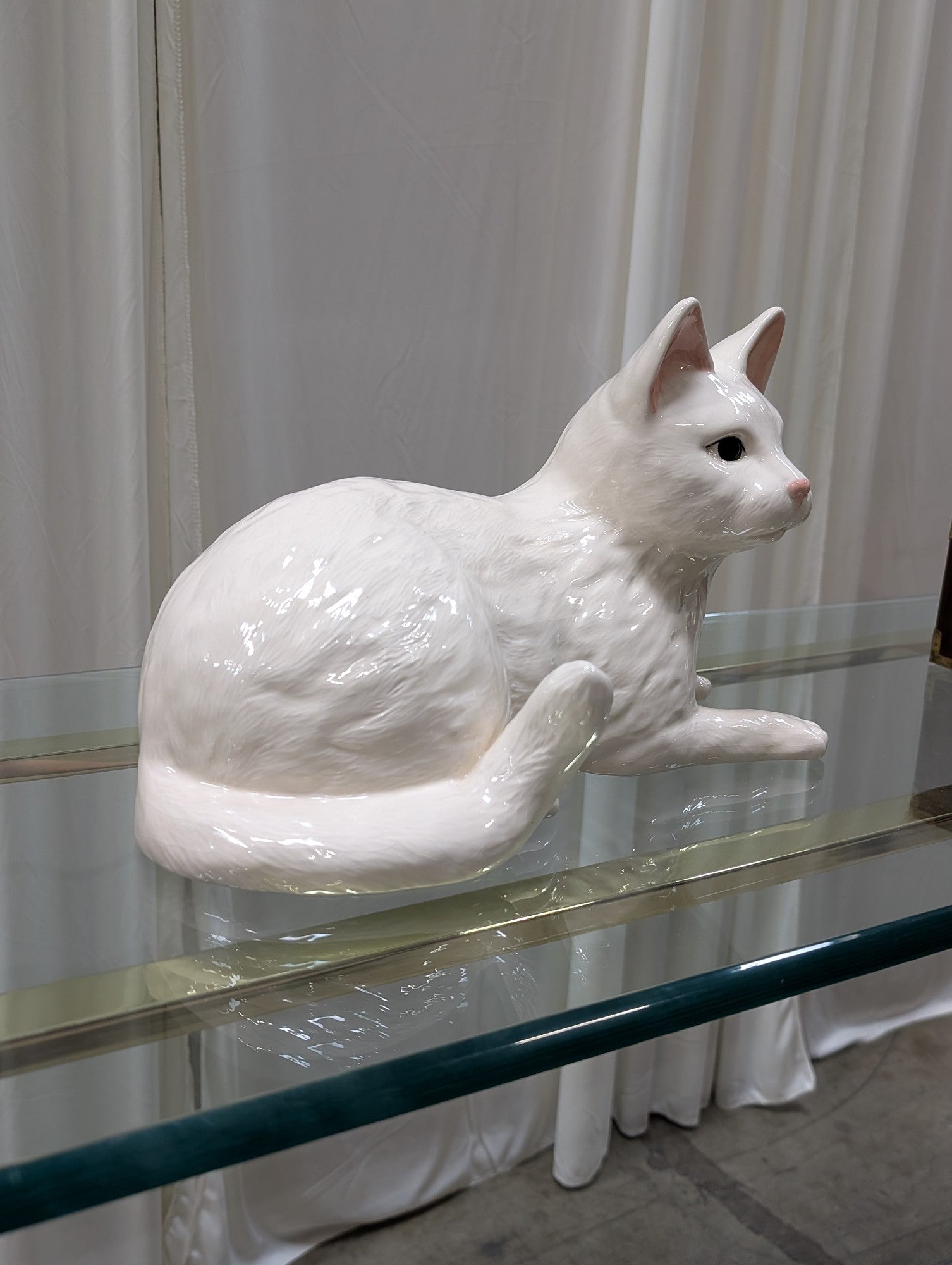Reclining Cat Figurine in White Ceramic
