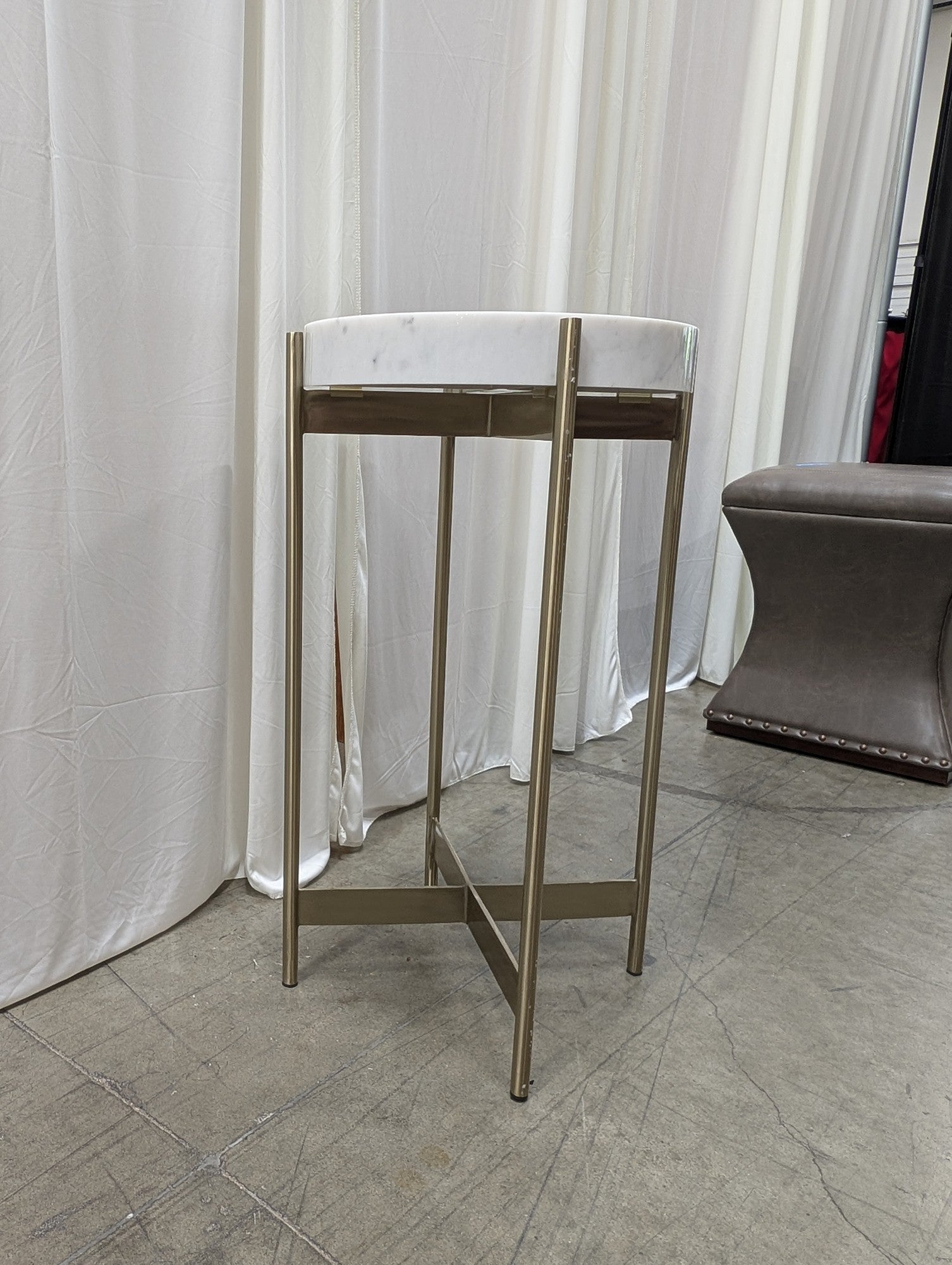 CB2 Round Metal End Table in White Marble