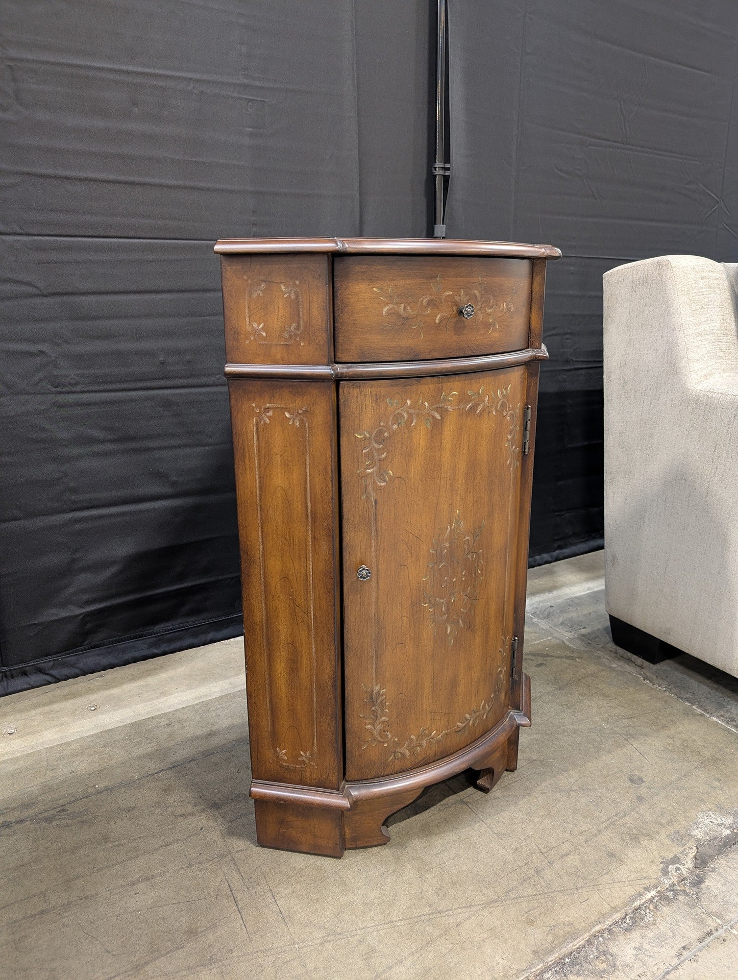 Traditional Stenciled Wood Corner Cabinet with Drawer