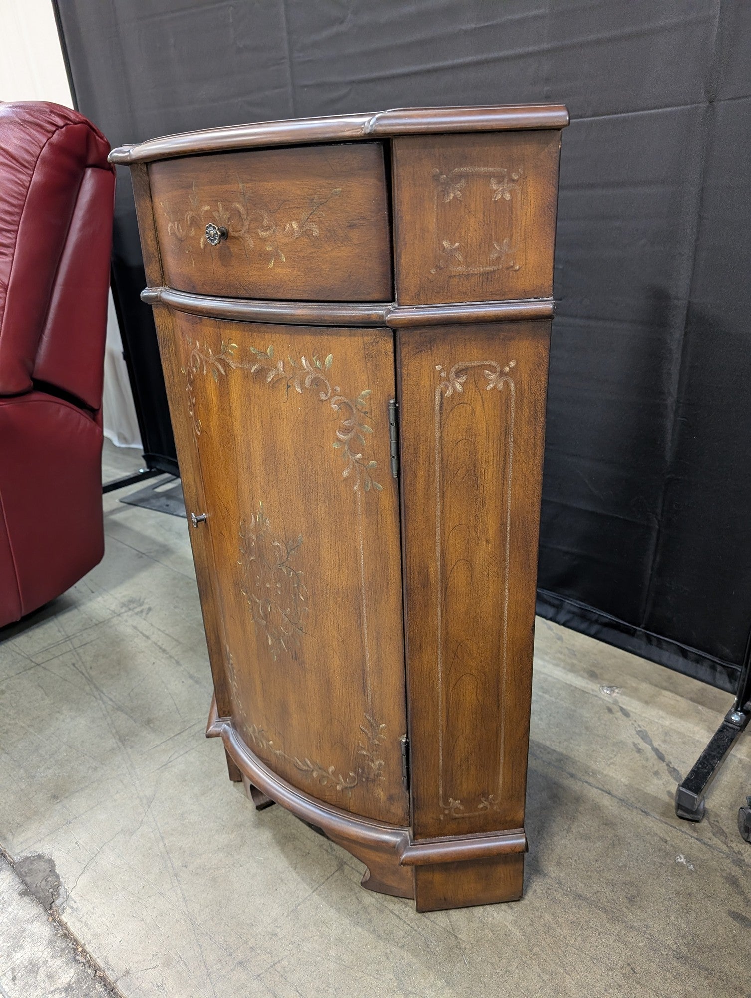 Traditional Stenciled Wood Corner Cabinet with Drawer