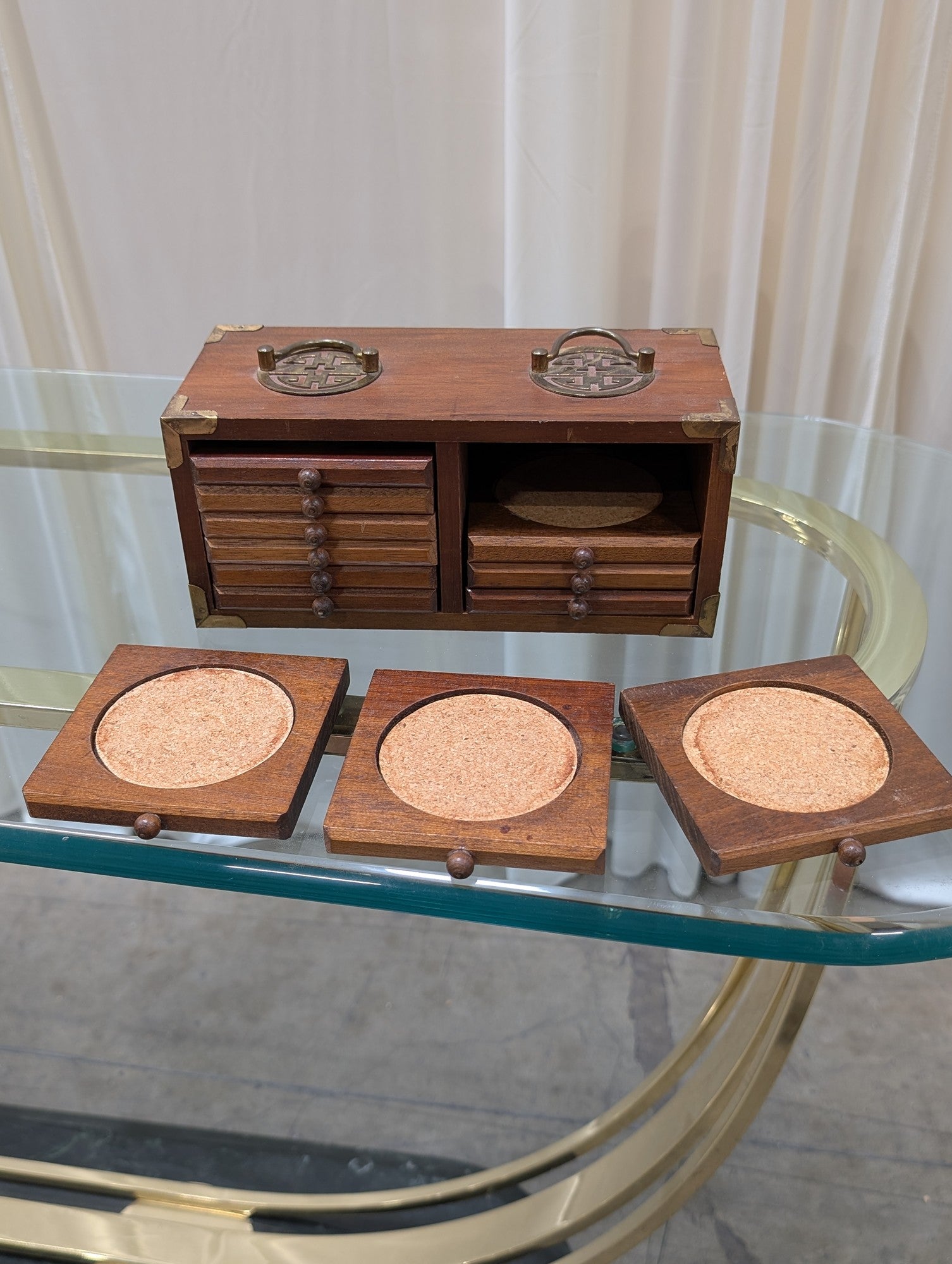 Vintage Brass-Cornered Wood Coaster Set with Handles