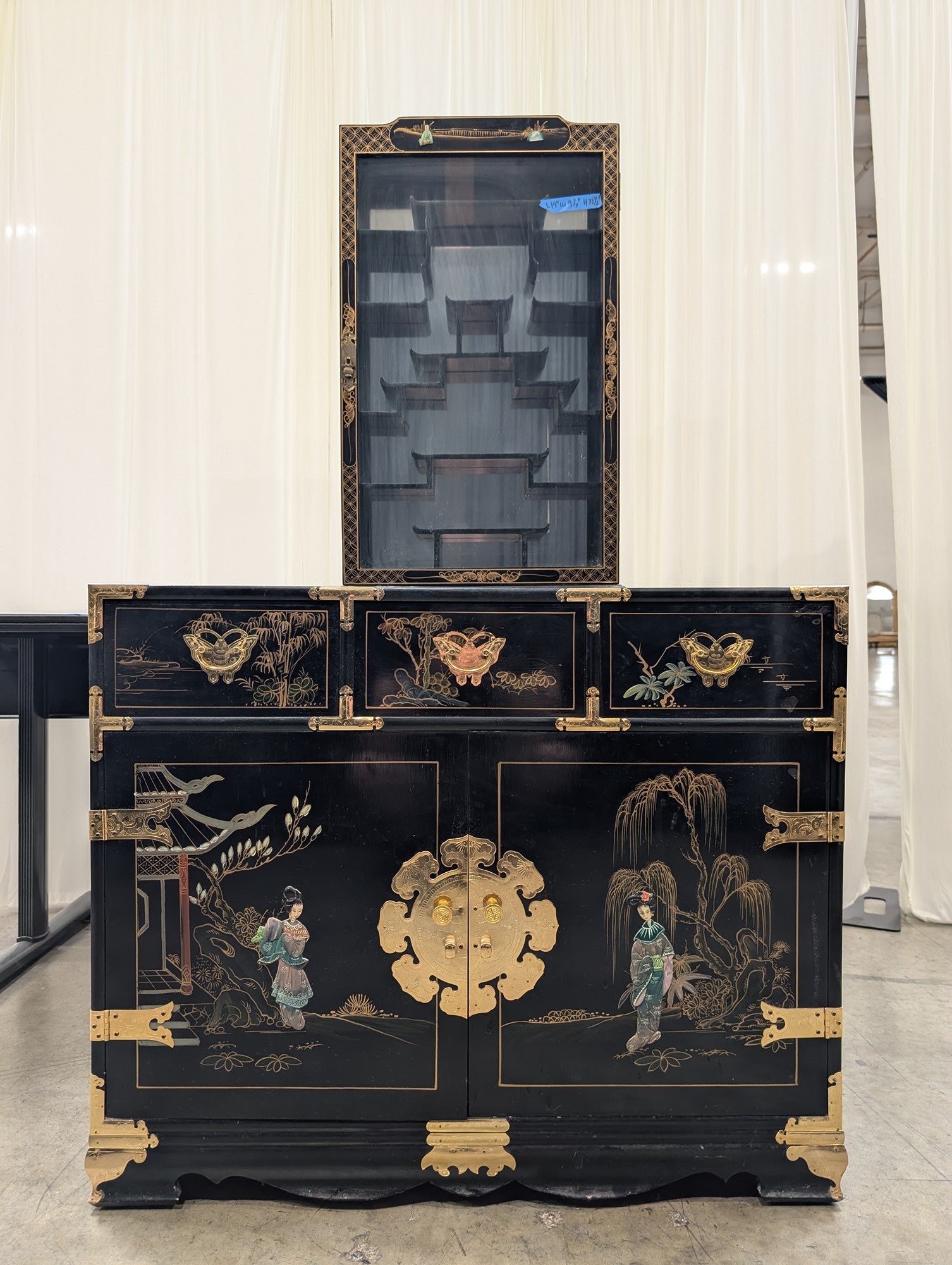 Black Chinoiserie Lacquered Wood China Cabinet with Gold Accents