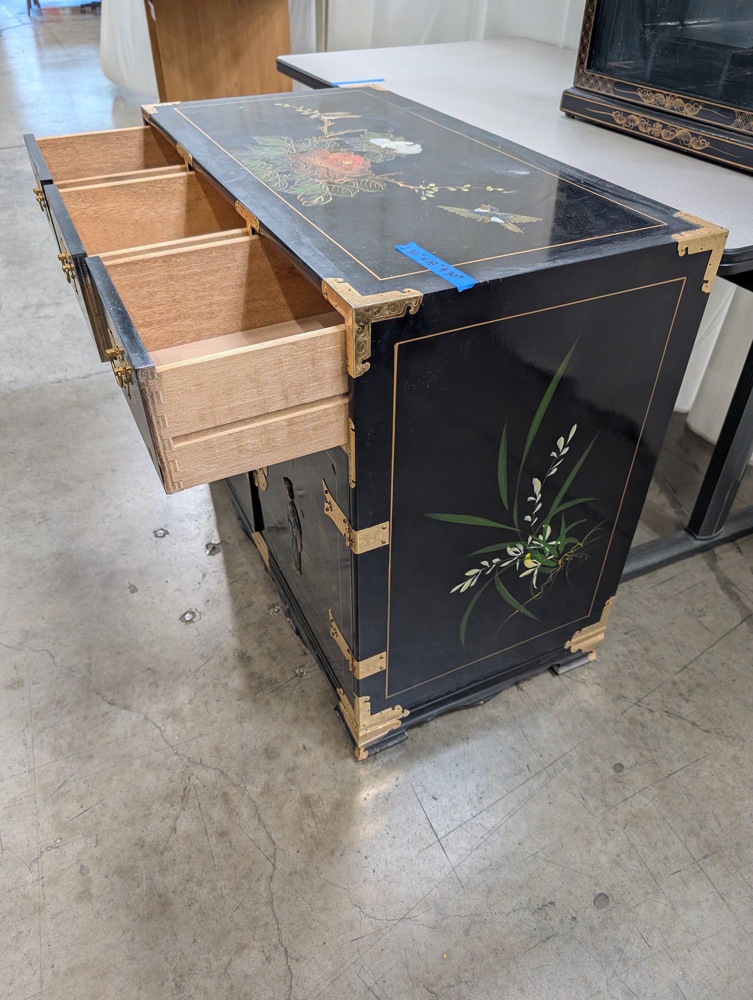 Black Chinoiserie Lacquered Wood China Cabinet with Gold Accents