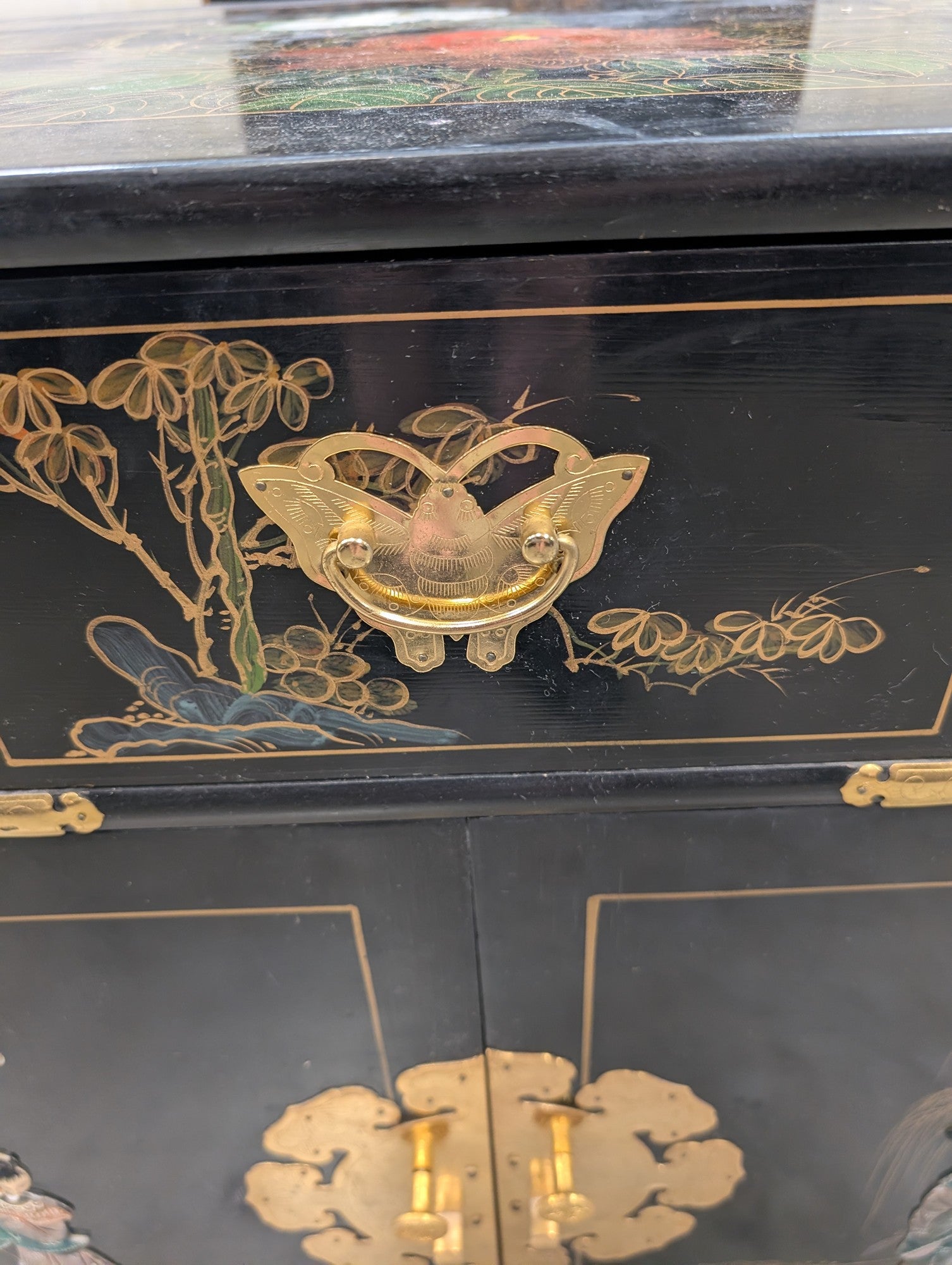 Black Chinoiserie Lacquered Wood China Cabinet with Gold Accents