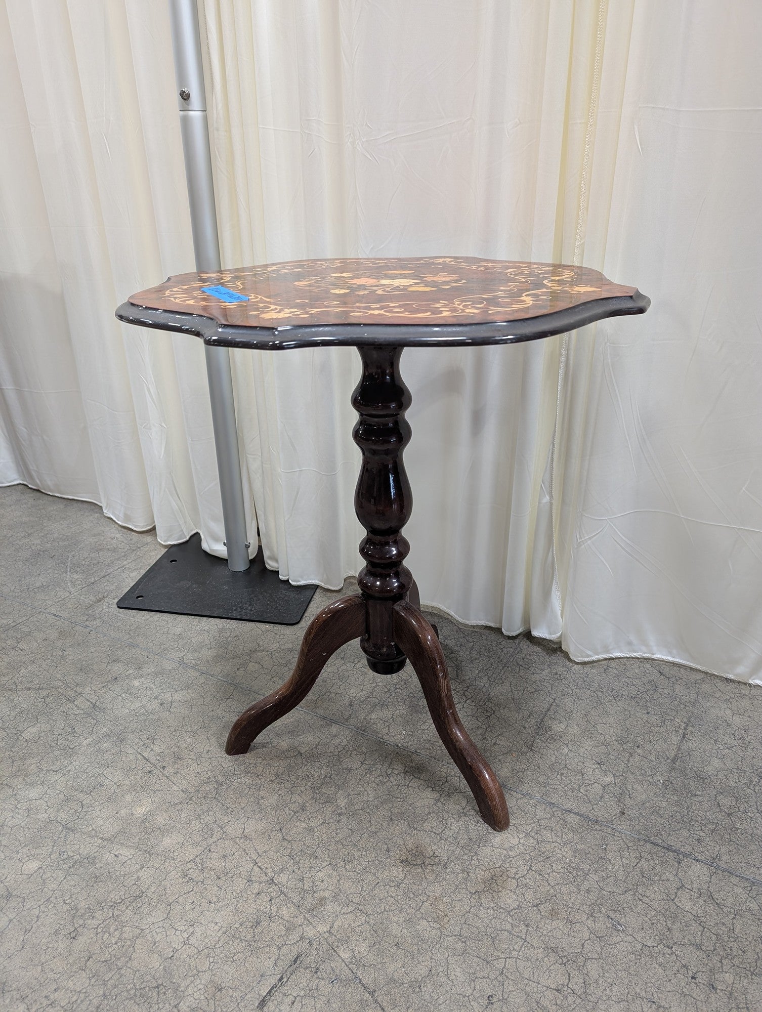 Ornate Inlaid Dark Wood Scalloped End Table