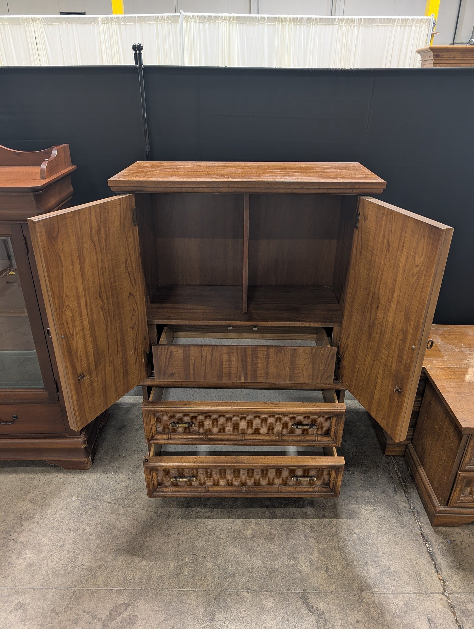 Brown Wood Chinoiserie Armoire with Rattan Drawers