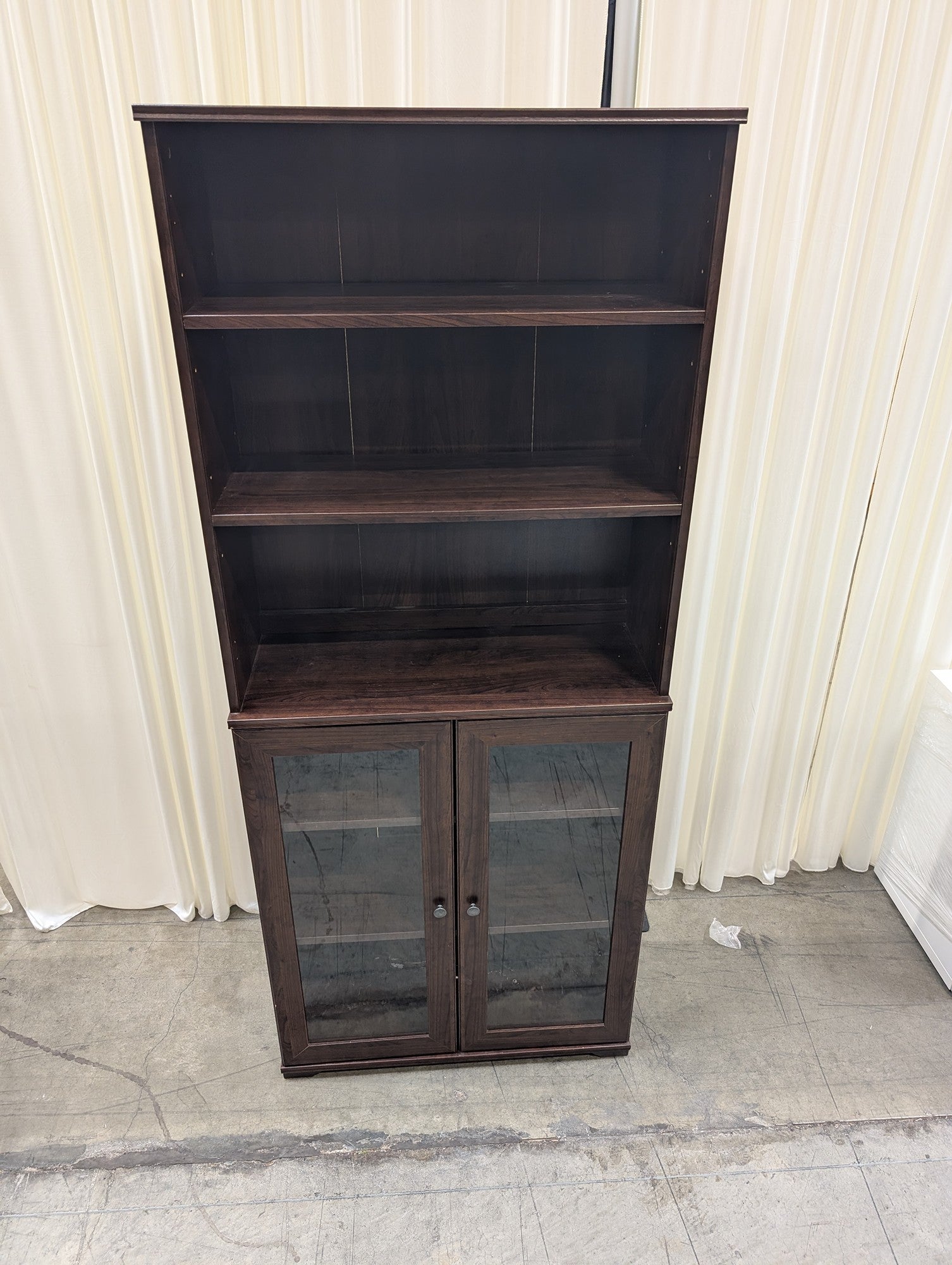 Dark Wood Open Shelf Bookcase with Glass Doors