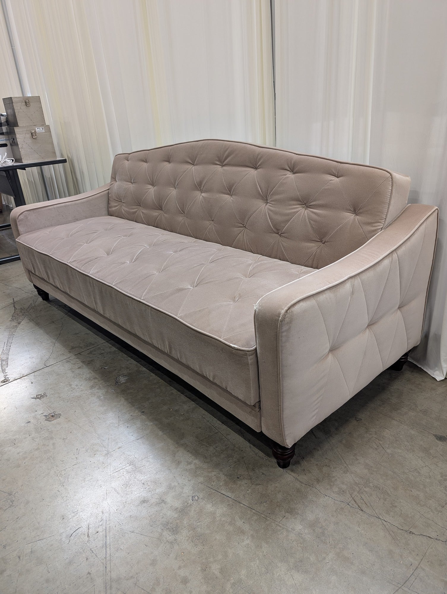 Neutral Velvet Couch with Tufted Back