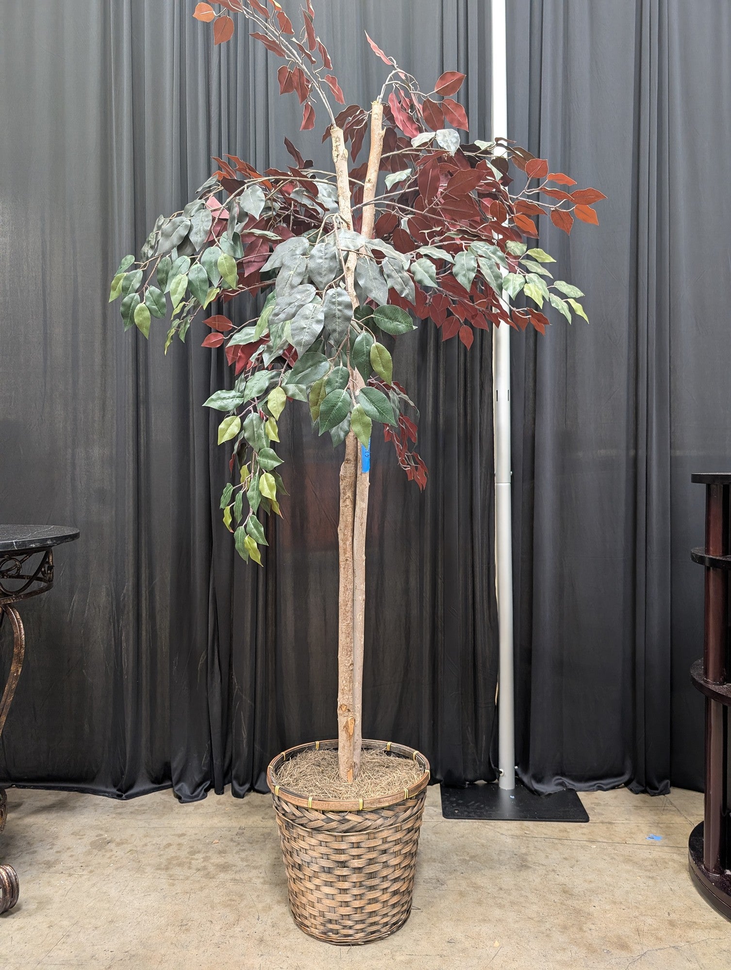 Green and Burgundy Artificial Tree in Woven Basket