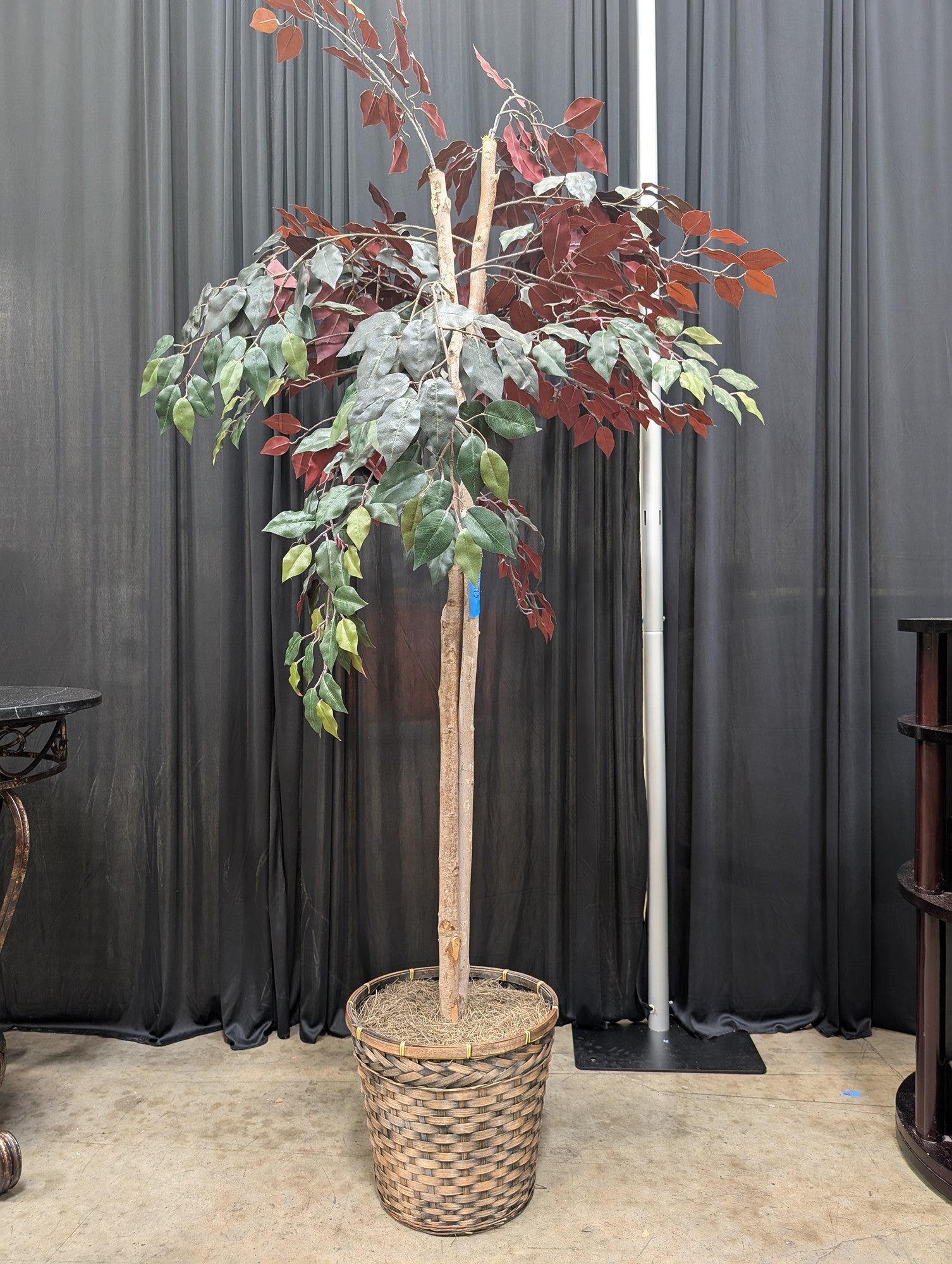 Green and Burgundy Artificial Tree in Woven Basket