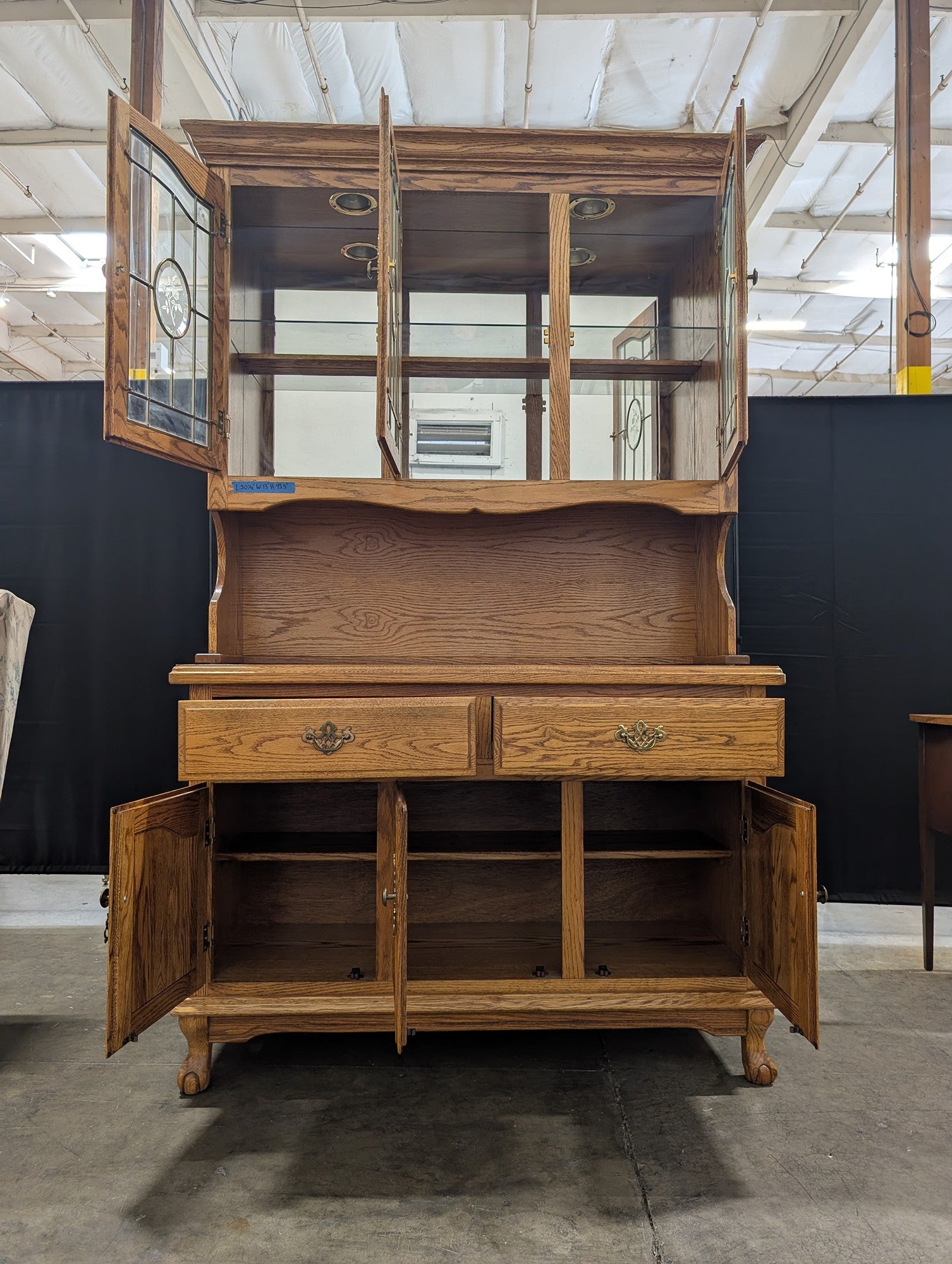 Traditional Golden Oak China Cabinet with Leaded Glass