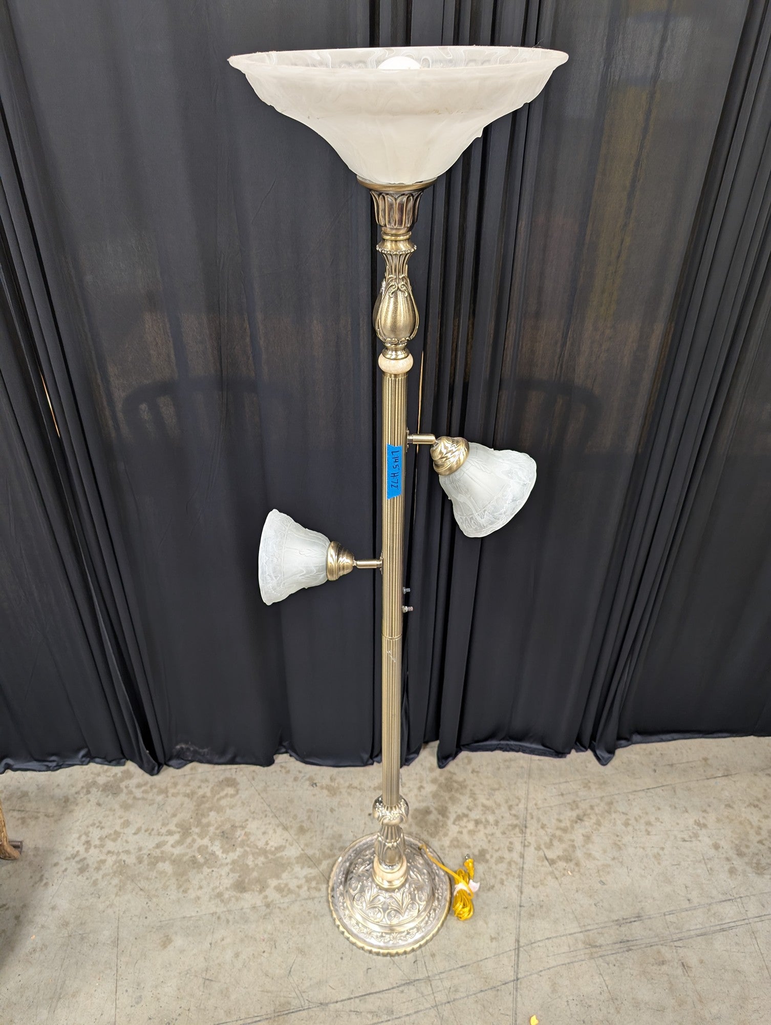 Vintage Brass Three-Light Floor Lamp with Frosted Glass