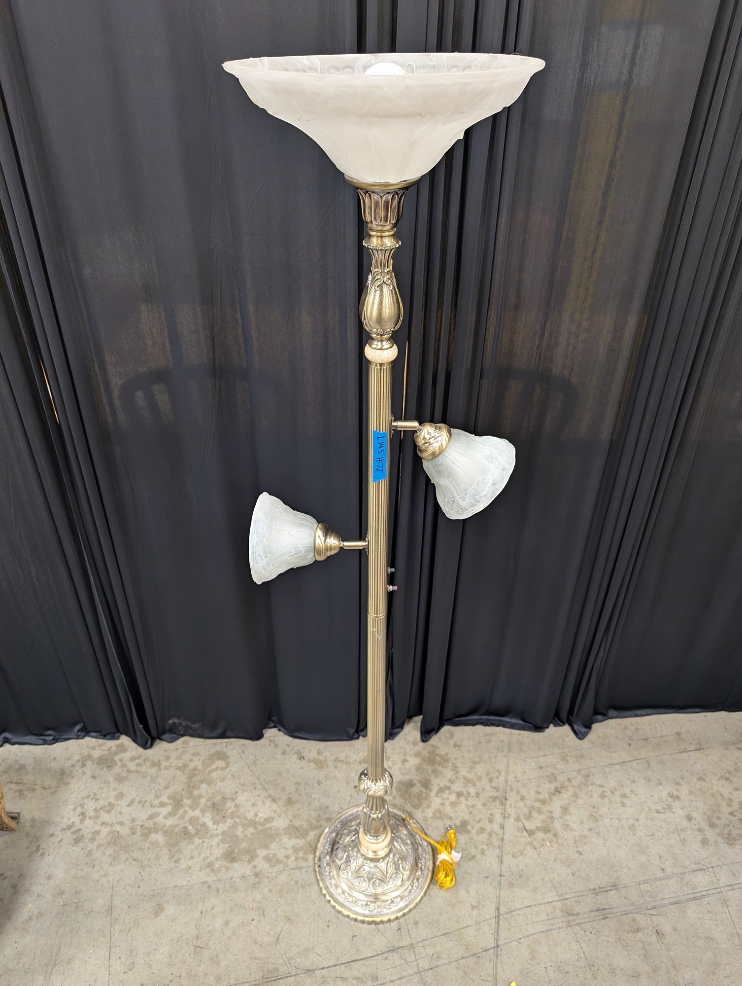 Vintage Brass Three-Light Floor Lamp with Frosted Glass