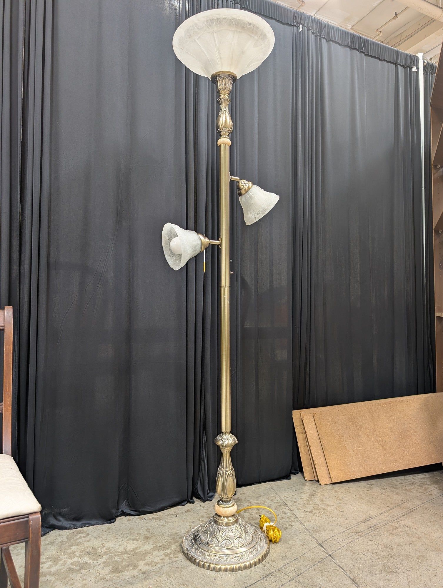 Vintage Brass Three-Light Floor Lamp with Frosted Glass