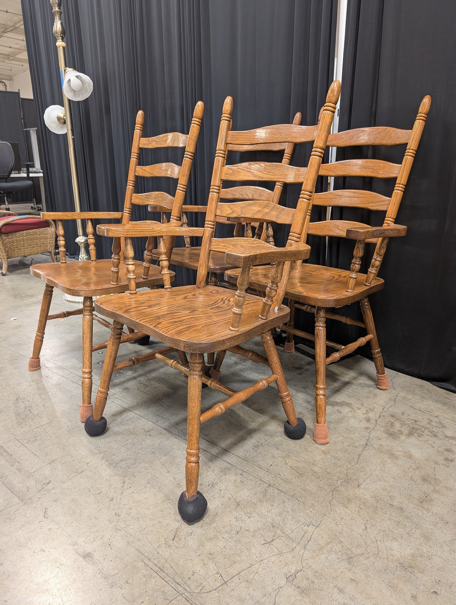 Set of Four Golden Oak Ladderback Dining Chairs with Arms