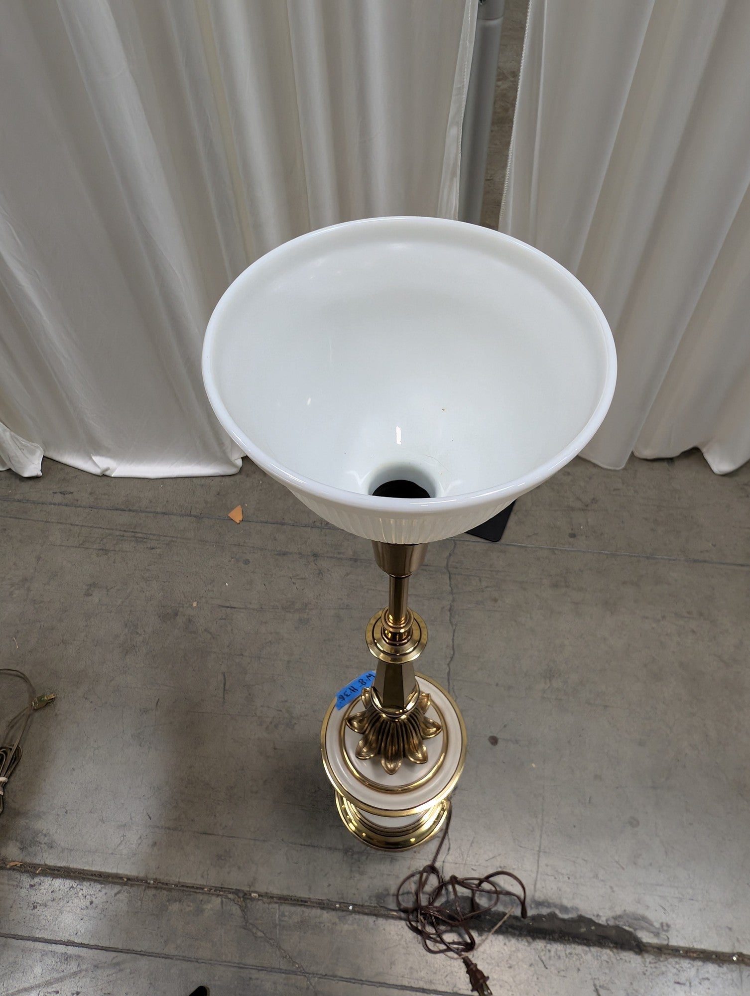 Ornate Brass Tone Floor Lamp with Ribbed Glass Shade