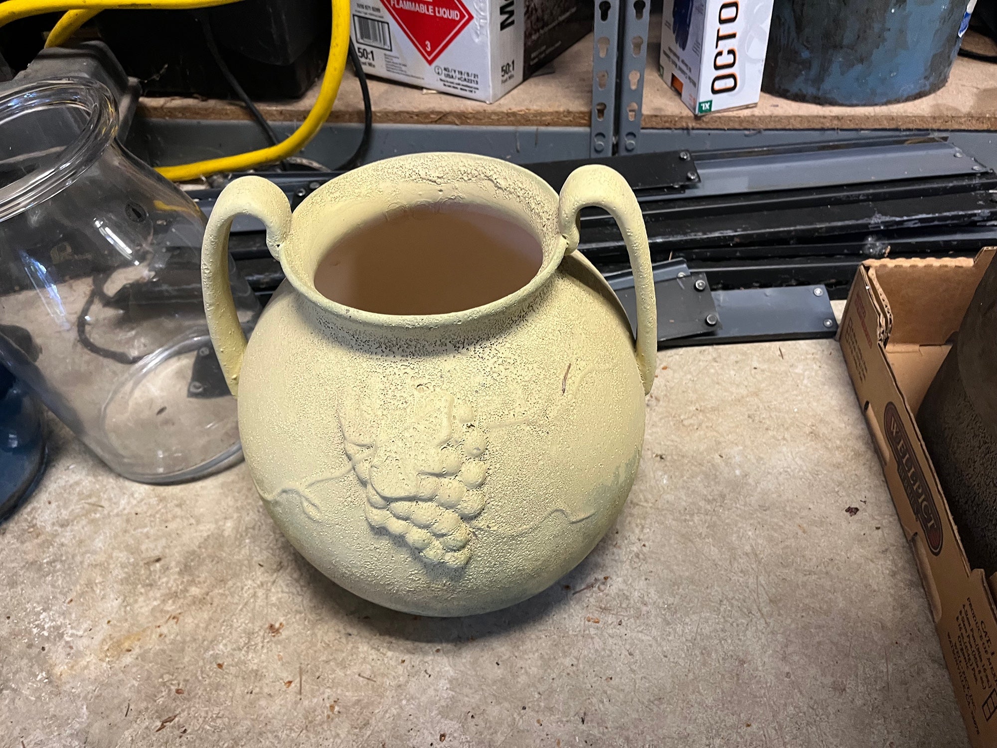 Vintage Beige Ceramic Vase with Grape Motif and Dual Handles