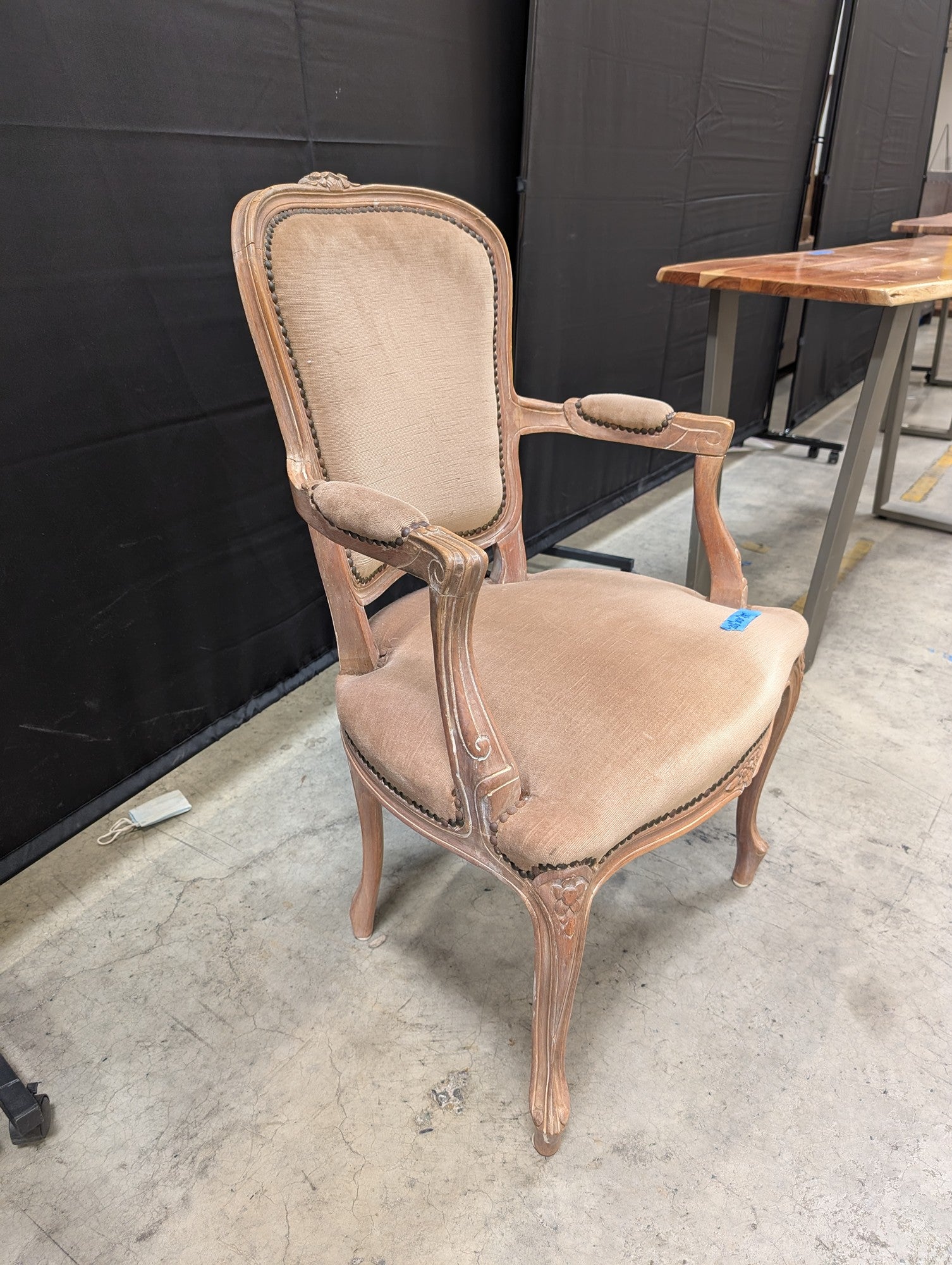 French Provincial Carved Wood Arm Chair in Beige Upholstery