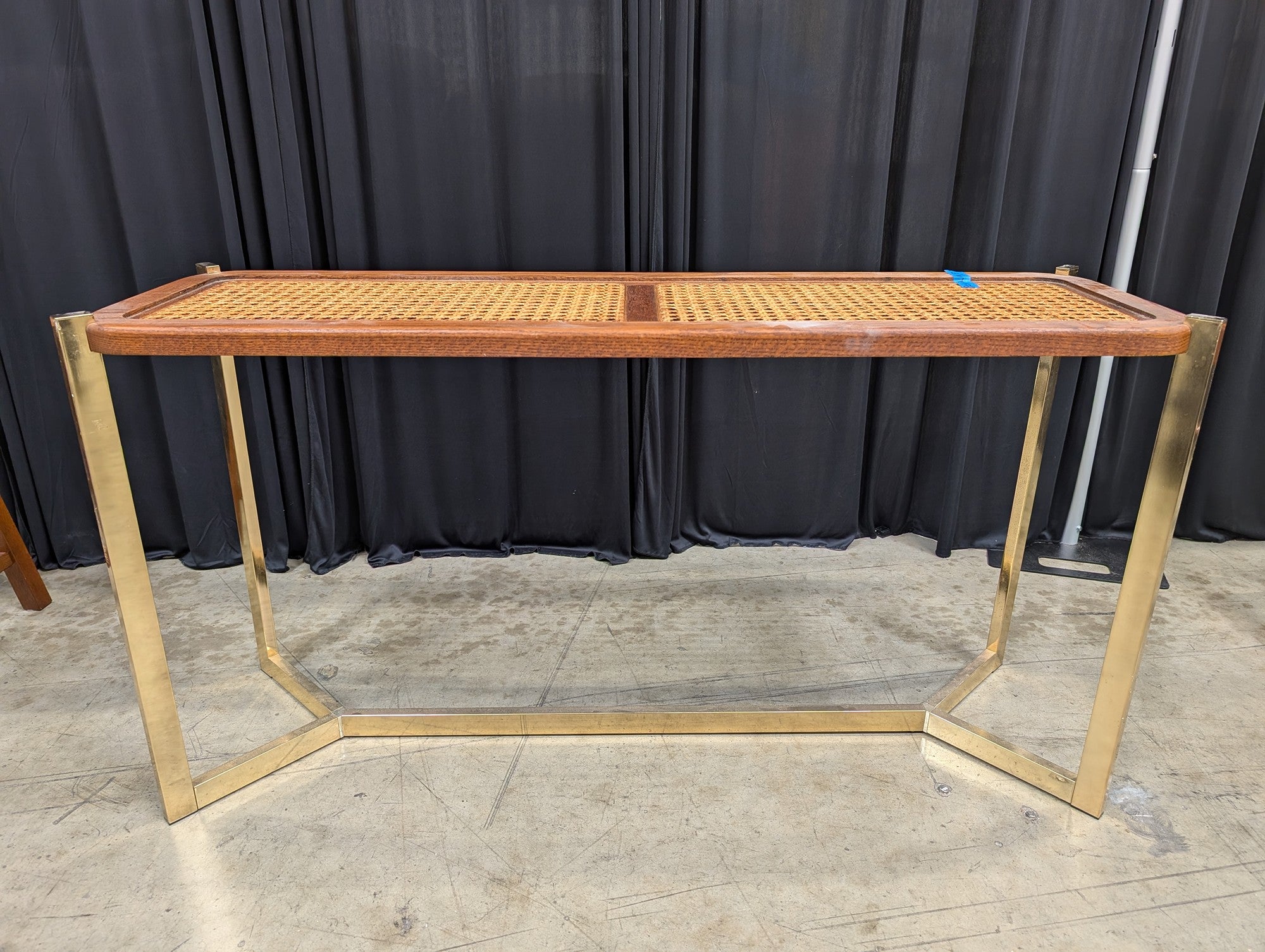 Mid-Century Gold Tone Metal Console Table with Cane Top