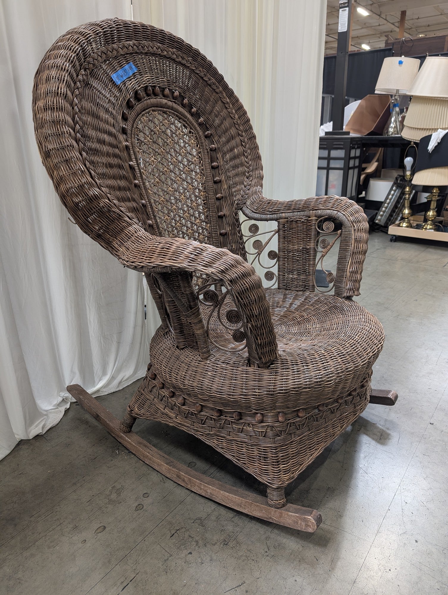 Vintage Peacock High-Back Rocking Chair in Wicker