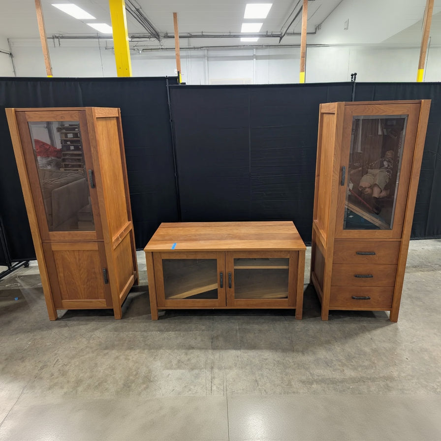 Cherry Toned Wood Entertainment Center with Glass Doors