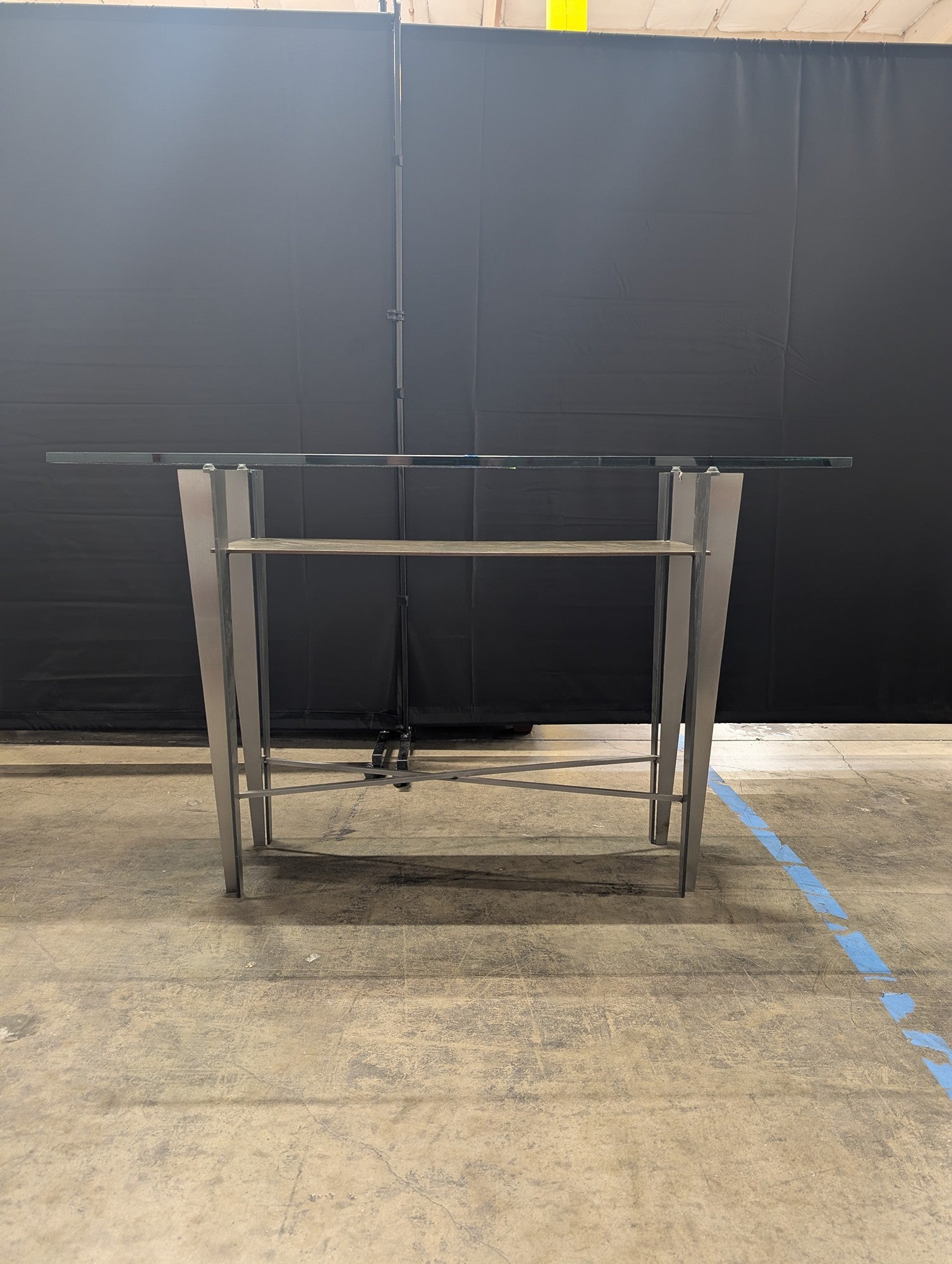 Industrial Gray Metal Console Table with Glass Top