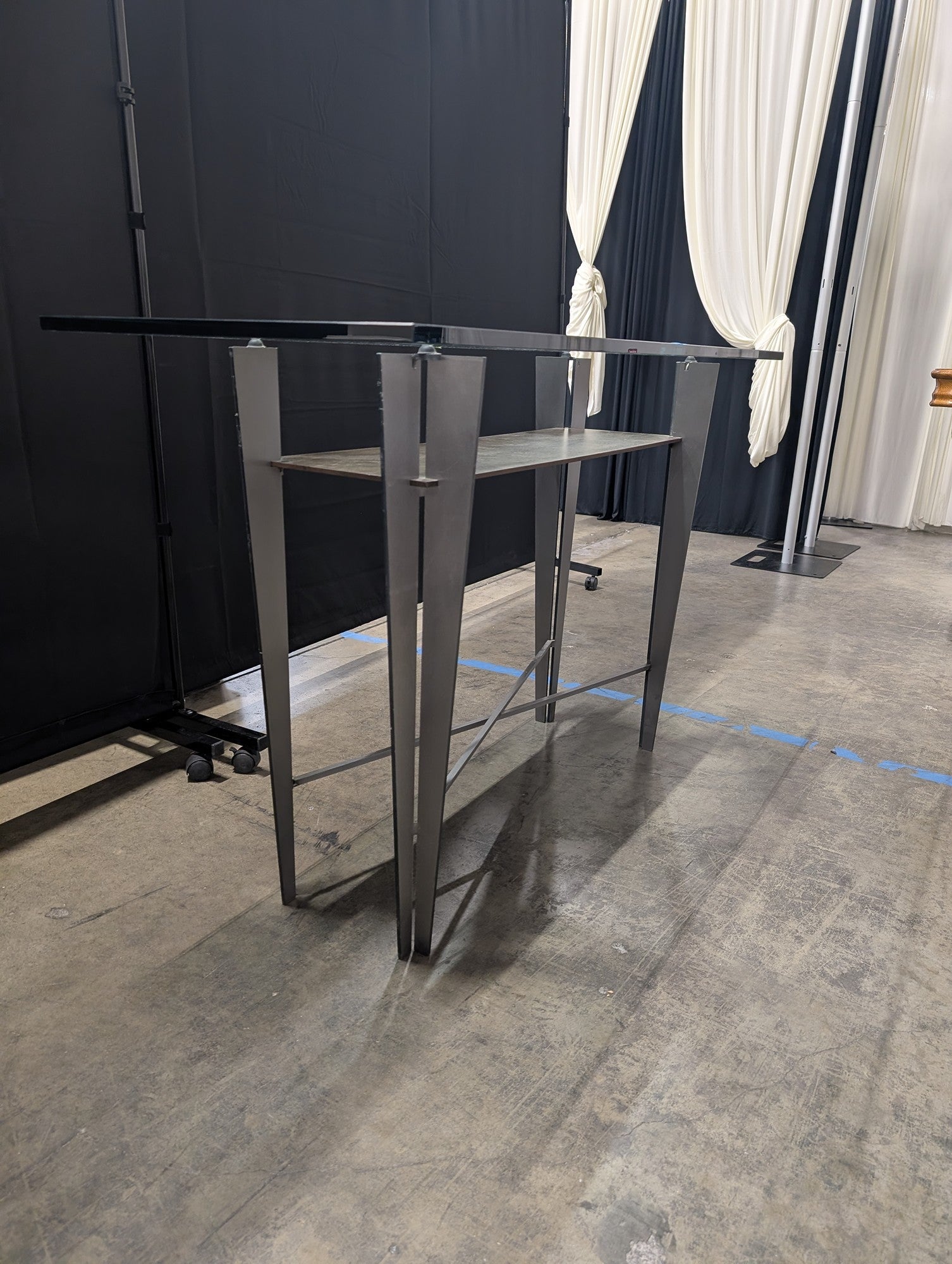 Industrial Gray Metal Console Table with Glass Top