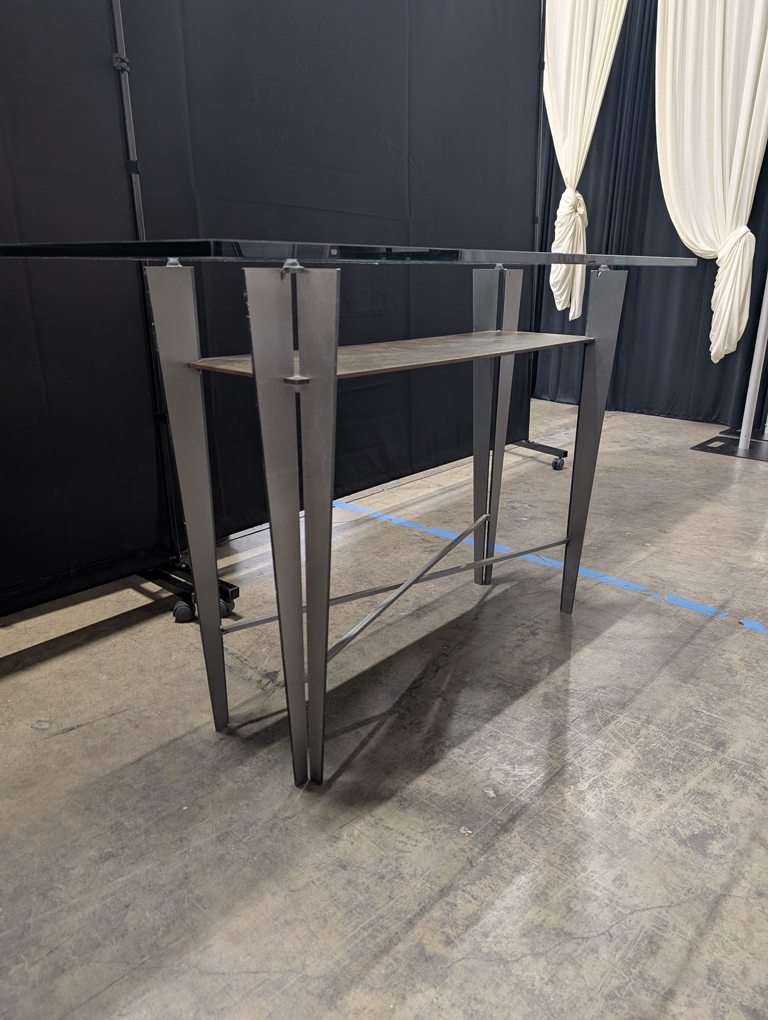 Industrial Gray Metal Console Table with Glass Top